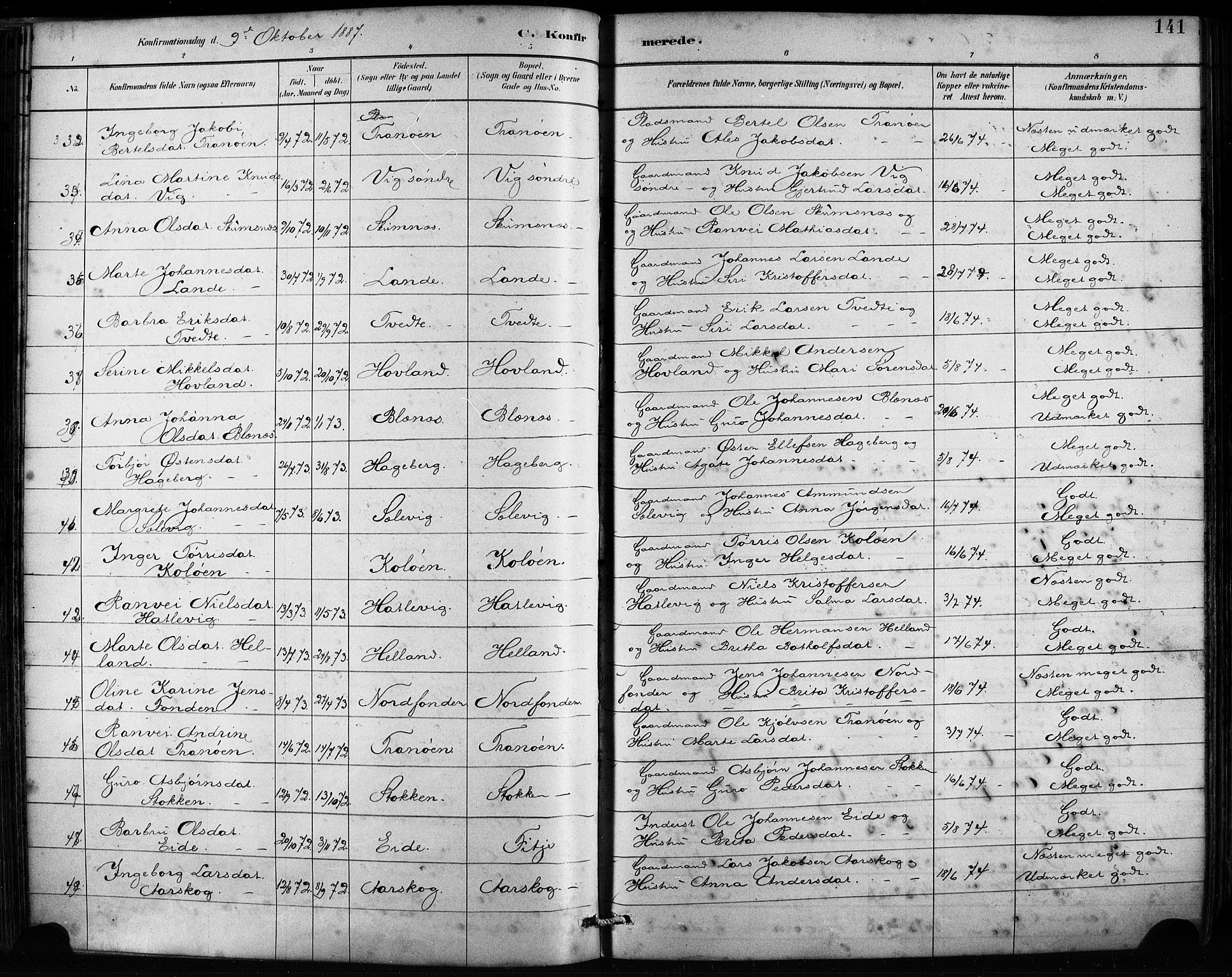 Fitjar sokneprestembete, AV/SAB-A-99926: Parish register (official) no. A 2, 1882-1899, p. 141