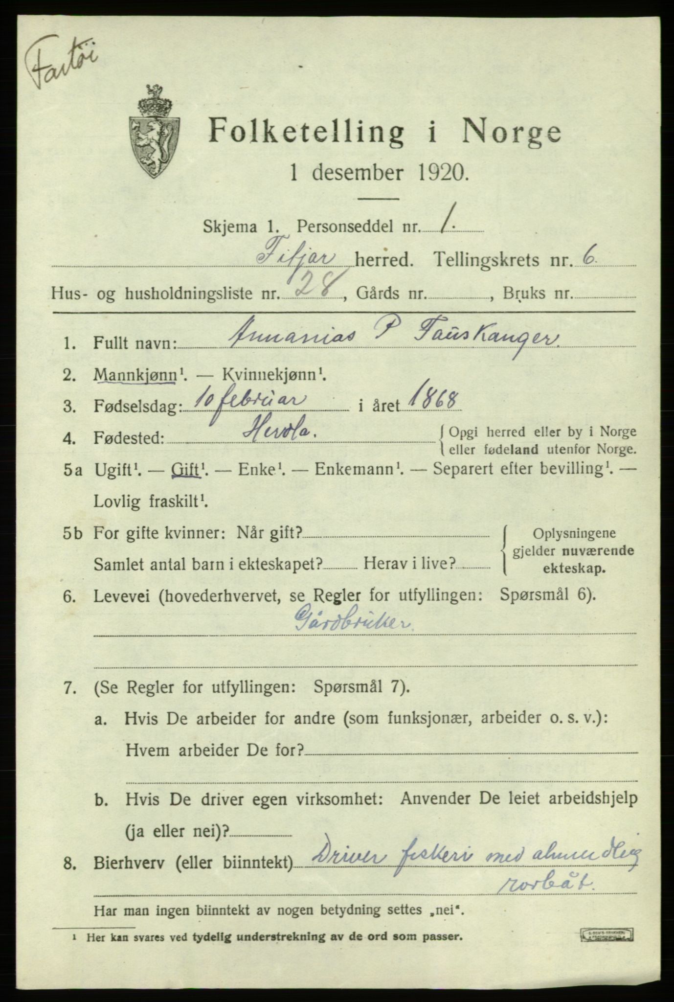 SAB, 1920 census for Fitjar, 1920, p. 3128