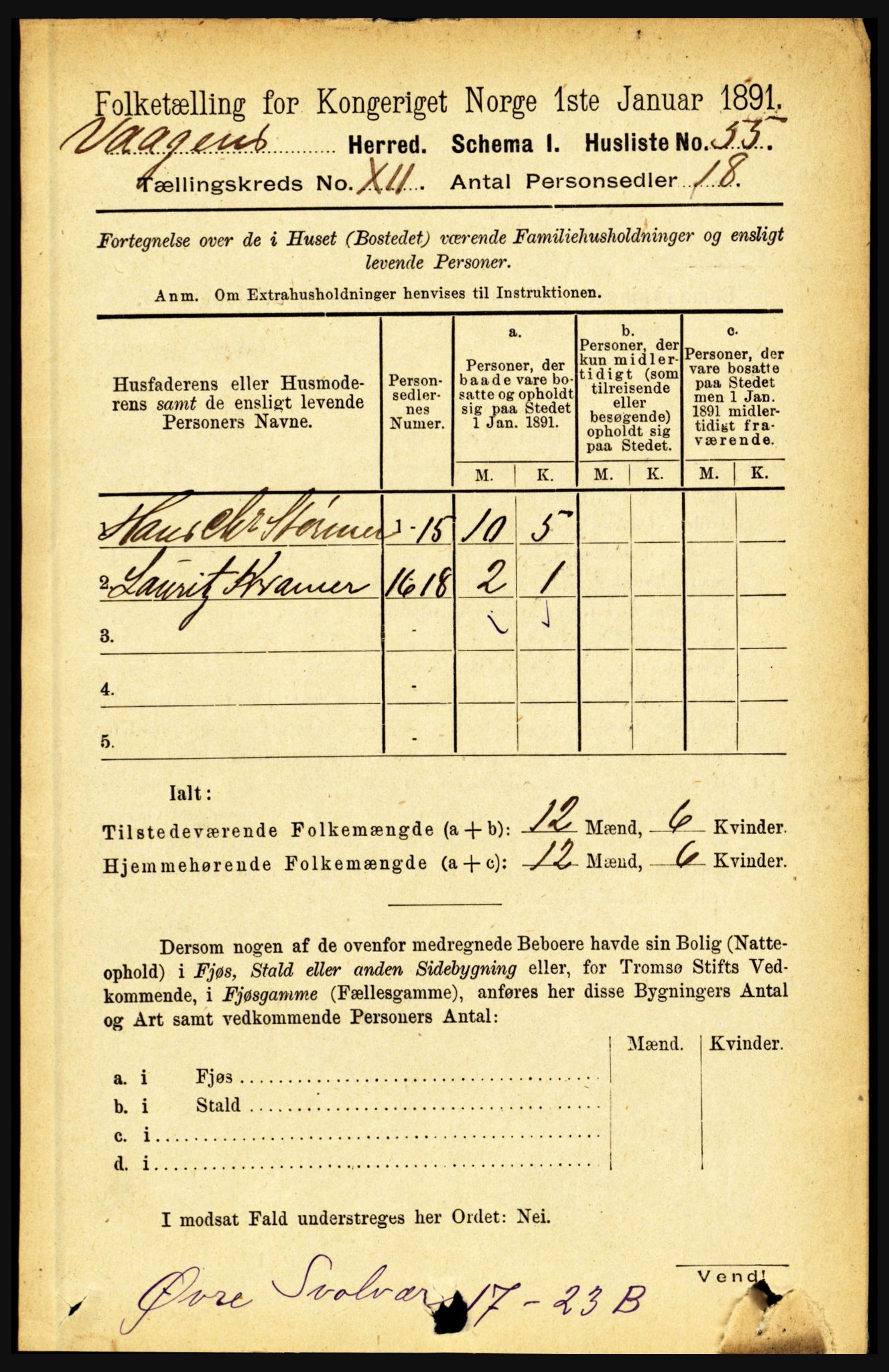 RA, 1891 census for 1865 Vågan, 1891, p. 2888