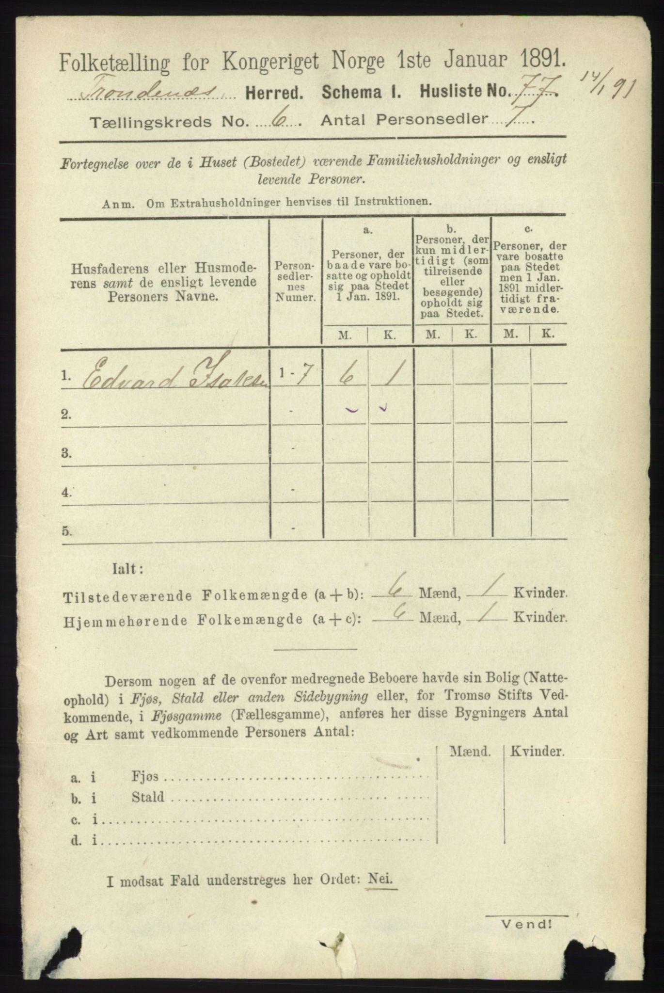 RA, 1891 census for 1914 Trondenes, 1891, p. 3820