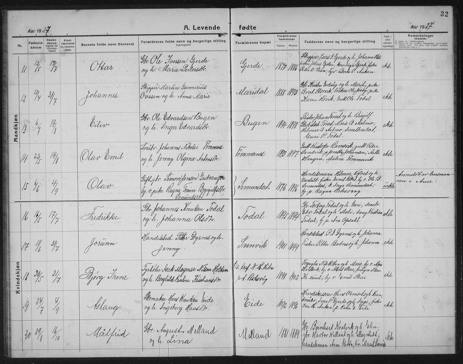 Ministerialprotokoller, klokkerbøker og fødselsregistre - Møre og Romsdal, AV/SAT-A-1454/578/L0911: Parish register (copy) no. 578C04, 1921-1940, p. 32