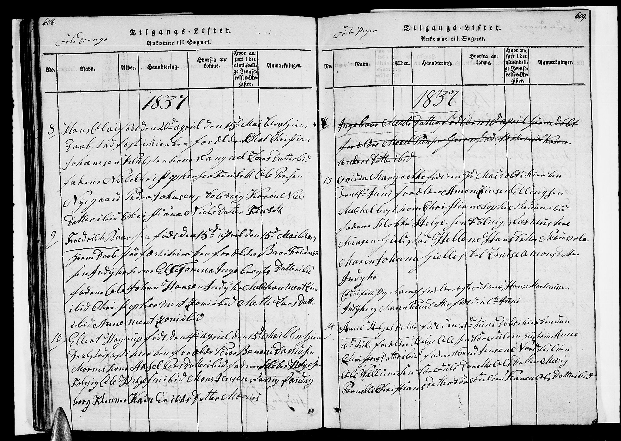 Ministerialprotokoller, klokkerbøker og fødselsregistre - Nordland, AV/SAT-A-1459/805/L0105: Parish register (copy) no. 805C01, 1820-1839, p. 608-609