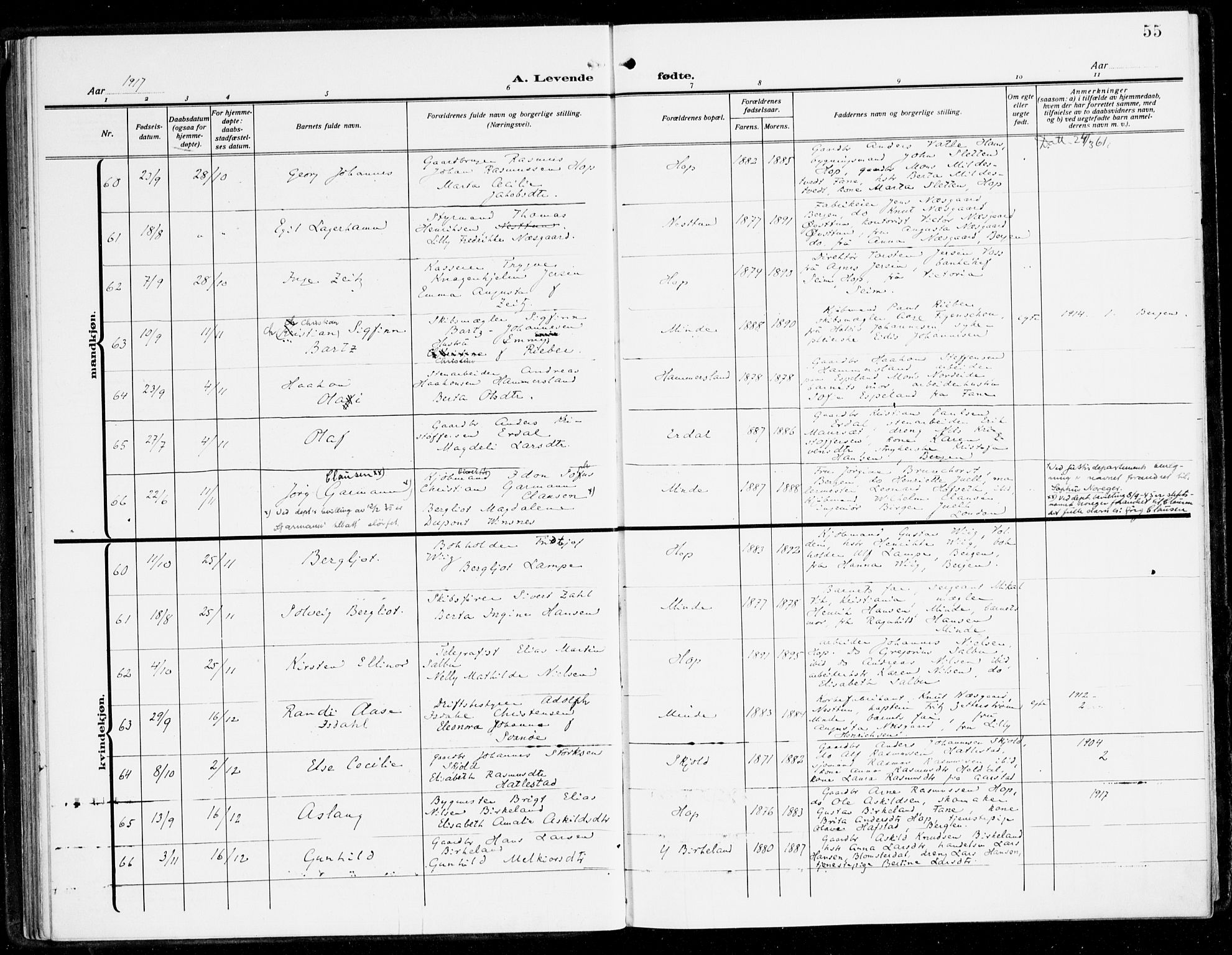 Fana Sokneprestembete, AV/SAB-A-75101/H/Haa/Haai/L0004: Parish register (official) no. I 4, 1912-1933, p. 55