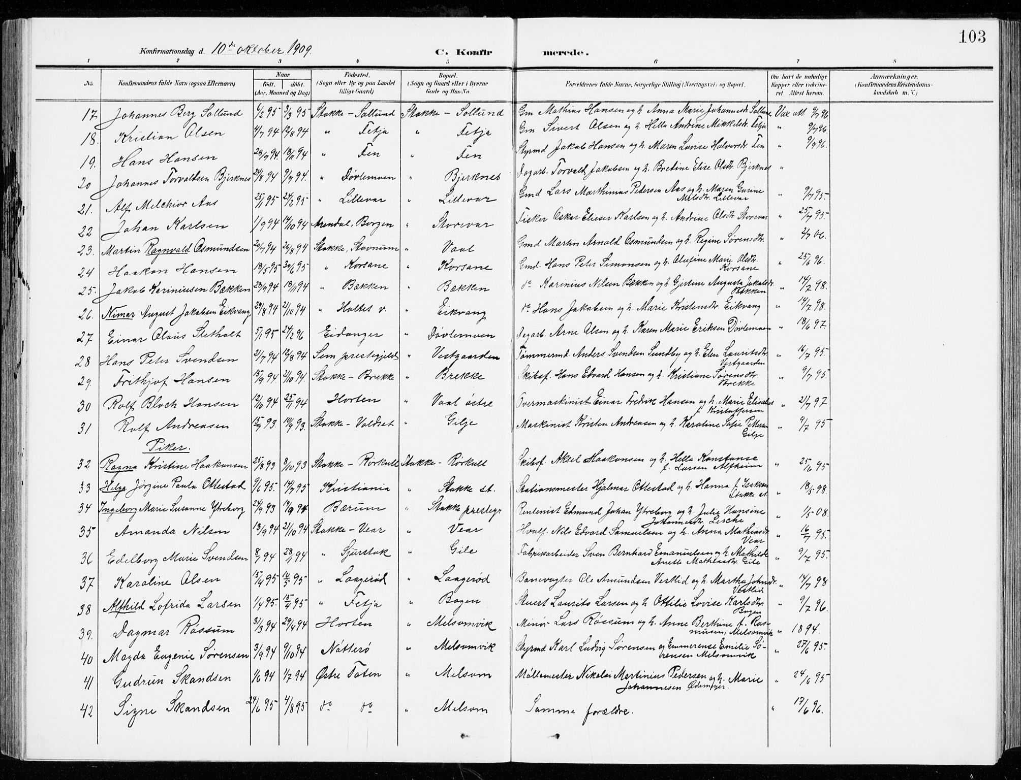 Stokke kirkebøker, AV/SAKO-A-320/G/Ga/L0001: Parish register (copy) no. I 1, 1904-1940, p. 103