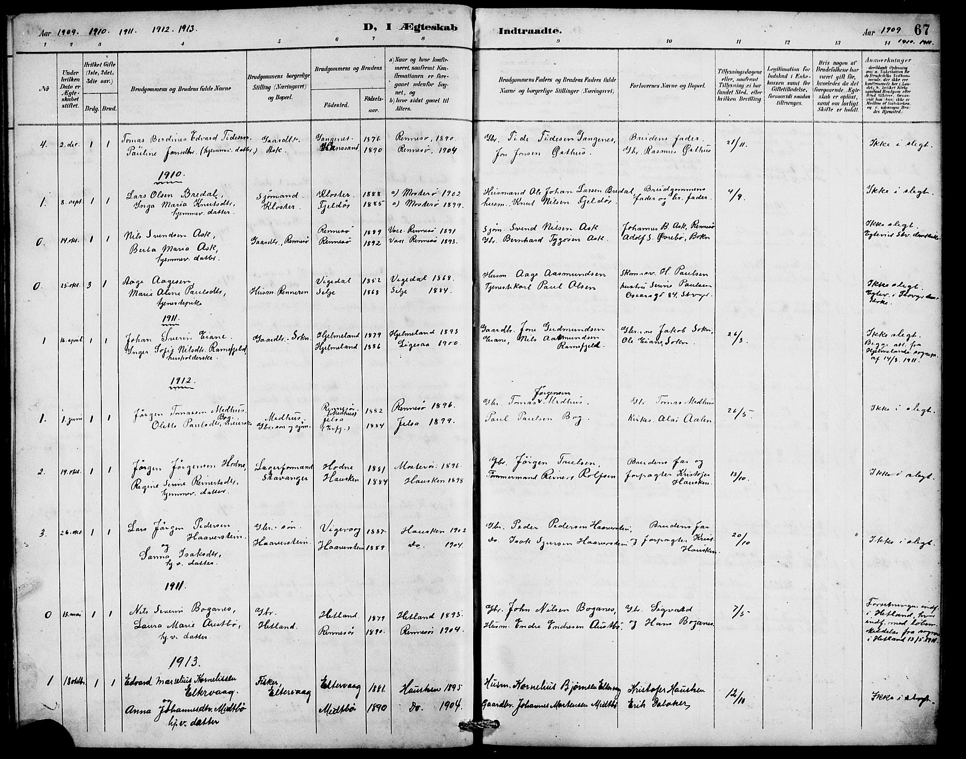 Rennesøy sokneprestkontor, SAST/A -101827/H/Ha/Hab/L0010: Parish register (copy) no. B 9, 1890-1918, p. 67