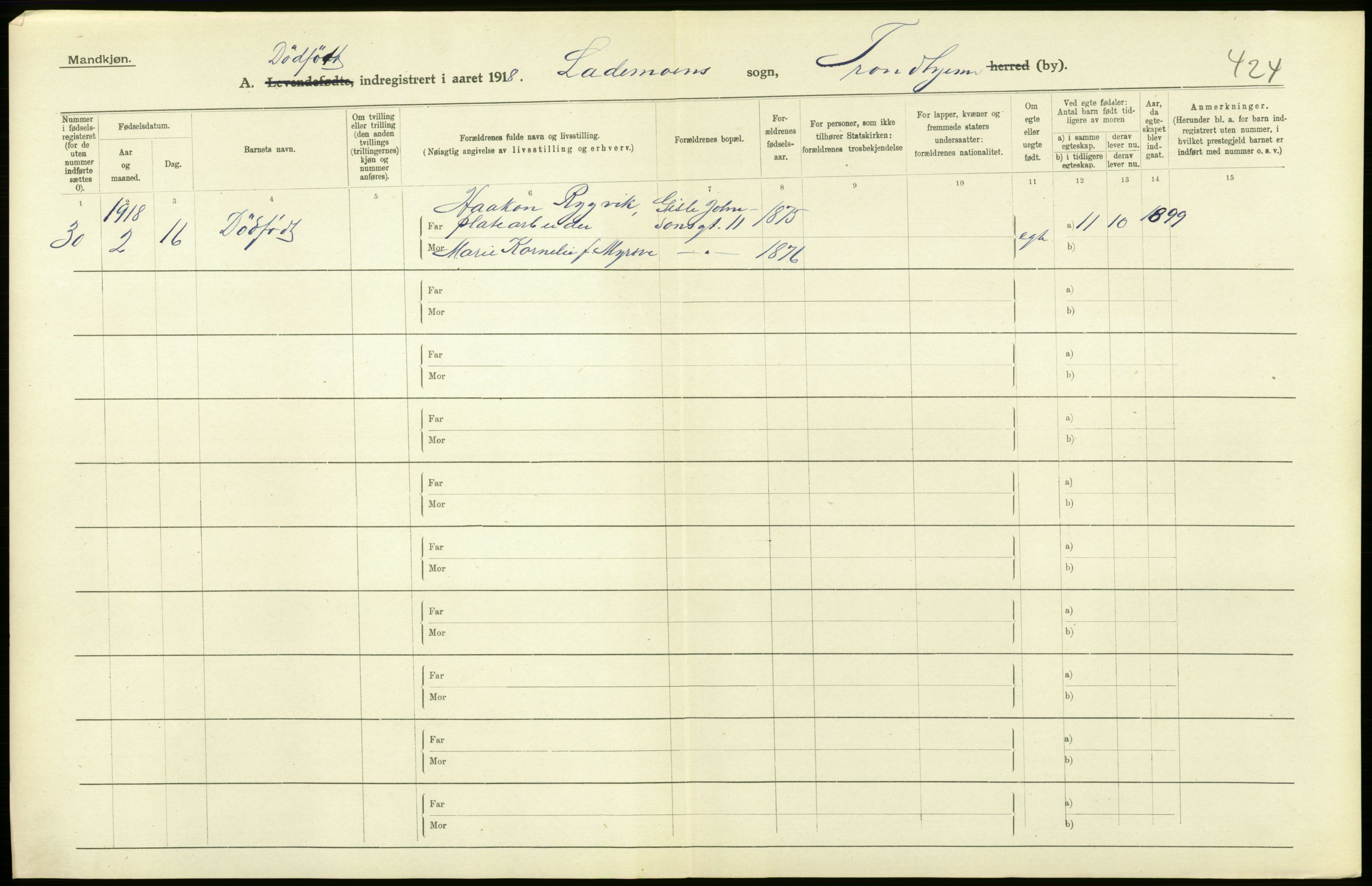 Statistisk sentralbyrå, Sosiodemografiske emner, Befolkning, AV/RA-S-2228/D/Df/Dfb/Dfbh/L0049: Trondheim: Døde, dødfødte., 1918, p. 340