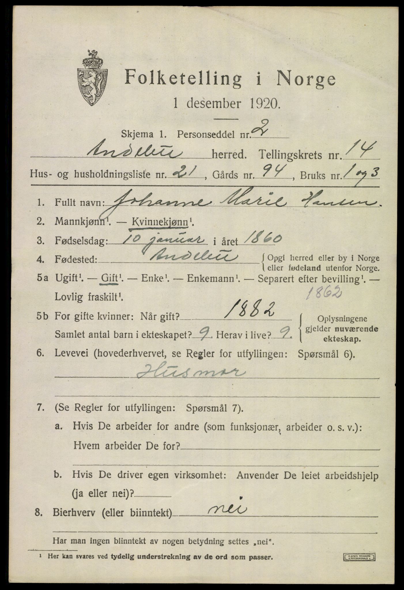 SAKO, 1920 census for Andebu, 1920, p. 5306