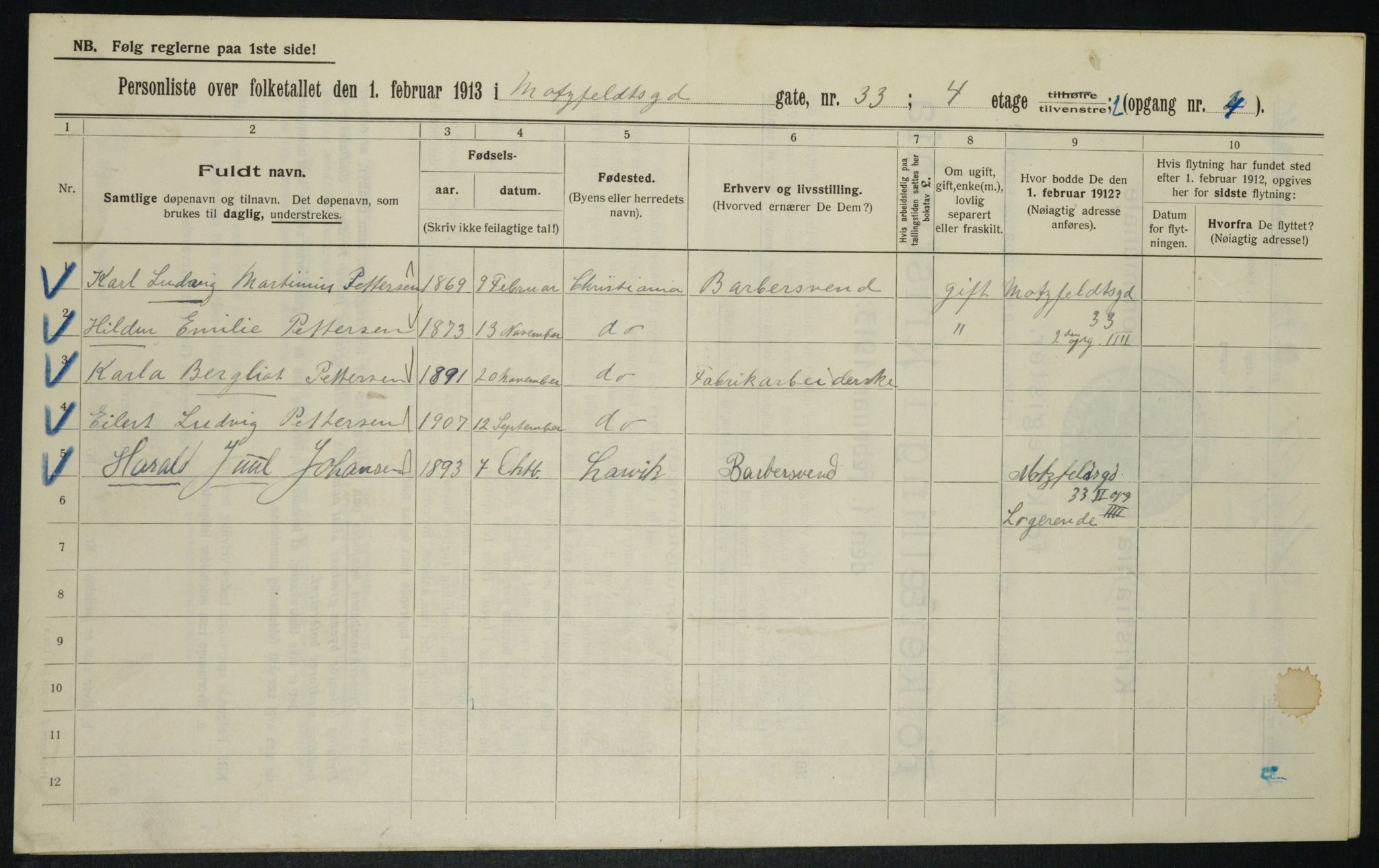 OBA, Municipal Census 1913 for Kristiania, 1913, p. 66543