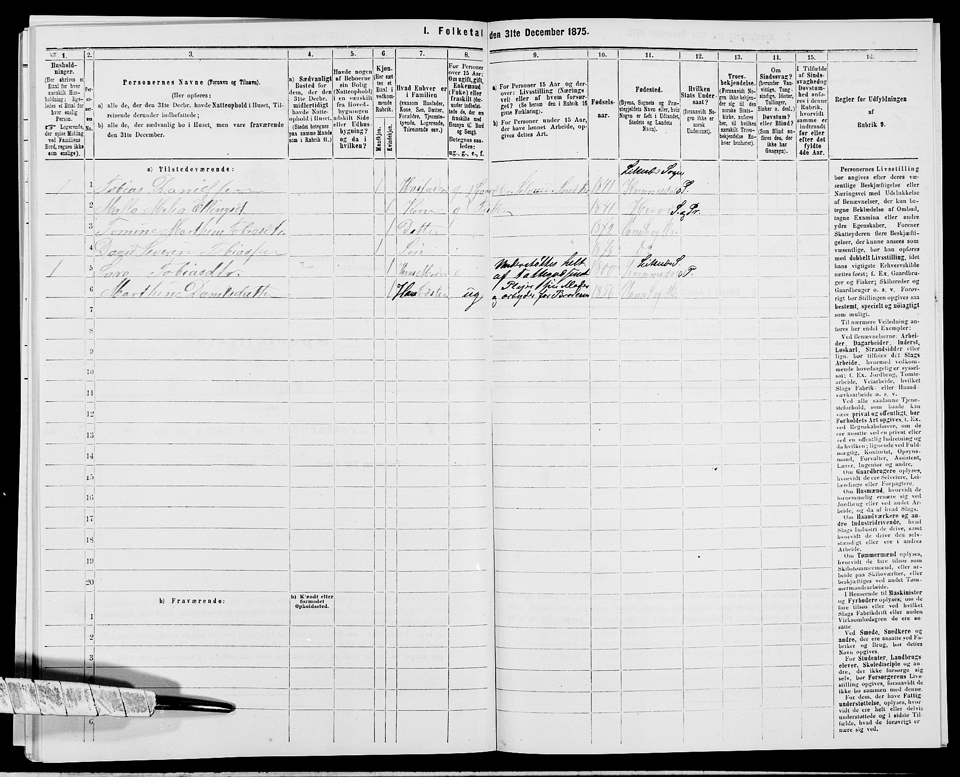 SAK, 1875 census for 1041L Vanse/Vanse og Farsund, 1875, p. 1886