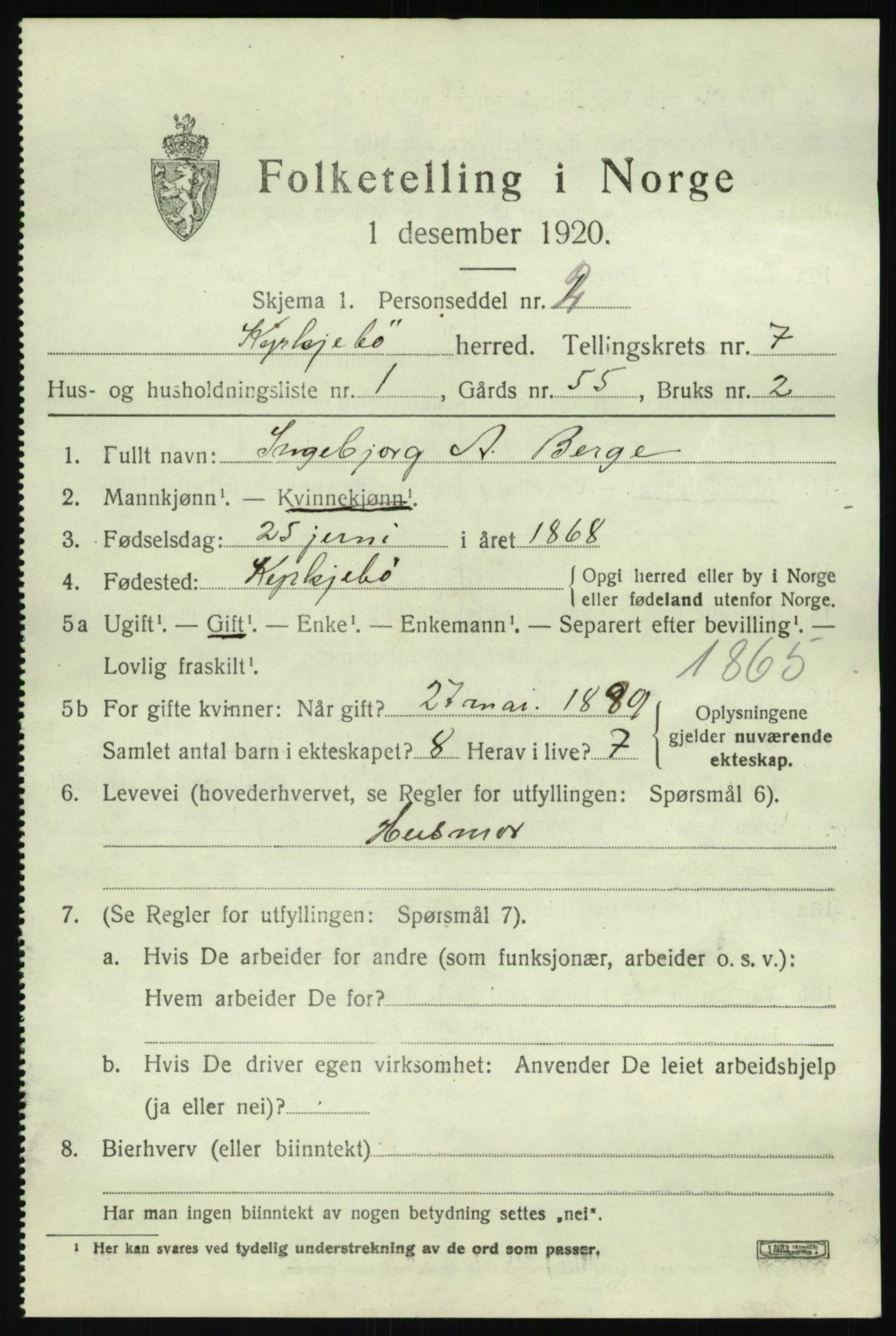 SAB, 1920 census for Kyrkjebø, 1920, p. 3465