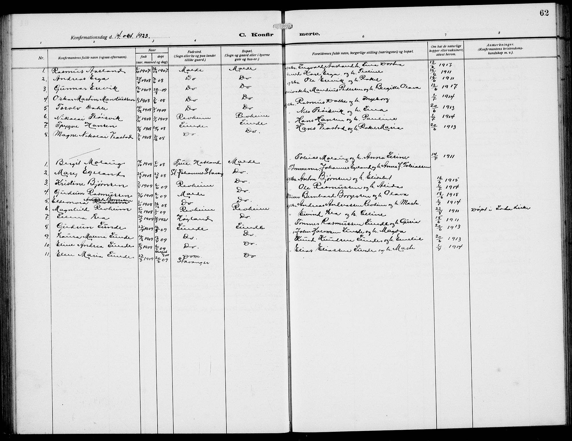 Håland sokneprestkontor, AV/SAST-A-101802/002/A/L0001: Parish register (copy) no. B 6, 1914-1940, p. 62