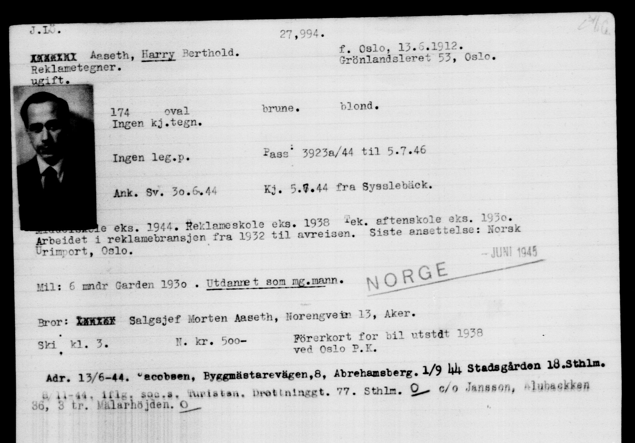 Den Kgl. Norske Legasjons Flyktningskontor, AV/RA-S-6753/V/Va/L0011: Kjesäterkartoteket.  Flyktningenr. 25300-28349, 1940-1945, p. 2874
