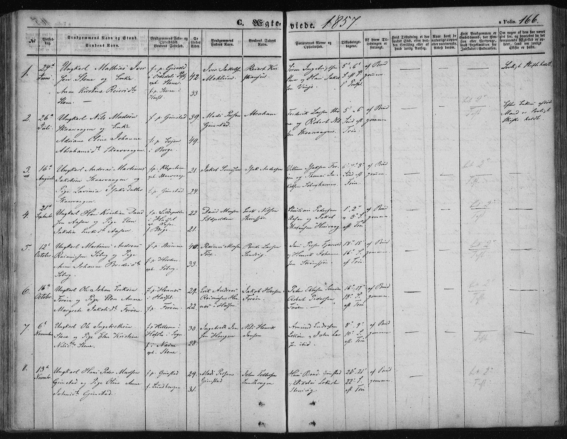 Ministerialprotokoller, klokkerbøker og fødselsregistre - Nordland, SAT/A-1459/891/L1300: Parish register (official) no. 891A05, 1856-1870, p. 166