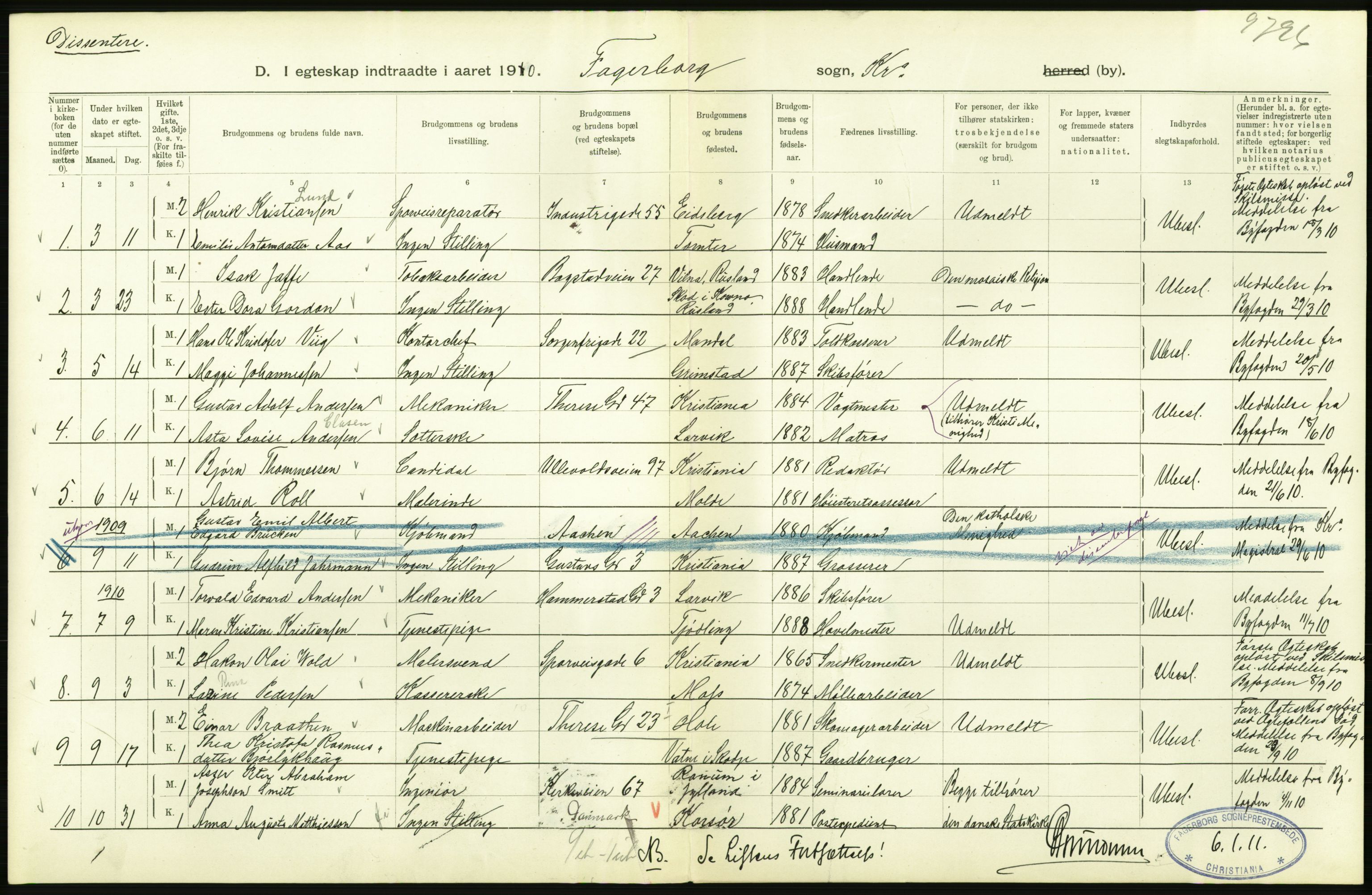 Statistisk sentralbyrå, Sosiodemografiske emner, Befolkning, AV/RA-S-2228/D/Df/Dfa/Dfah/L0009: Kristiania: Gifte og dødfødte., 1910, p. 690