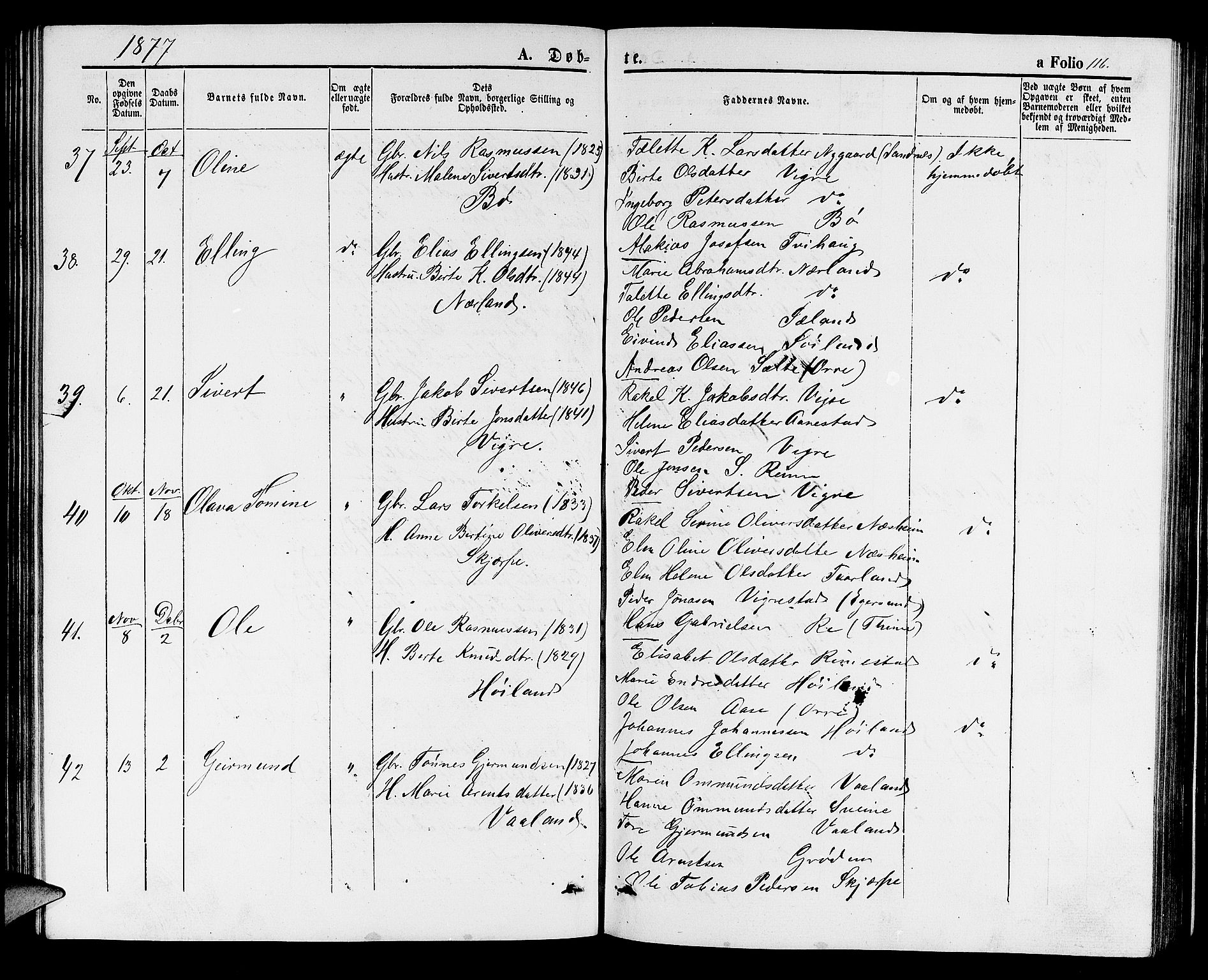 Hå sokneprestkontor, AV/SAST-A-101801/001/30BB/L0001: Parish register (copy) no. B 1, 1854-1883, p. 116