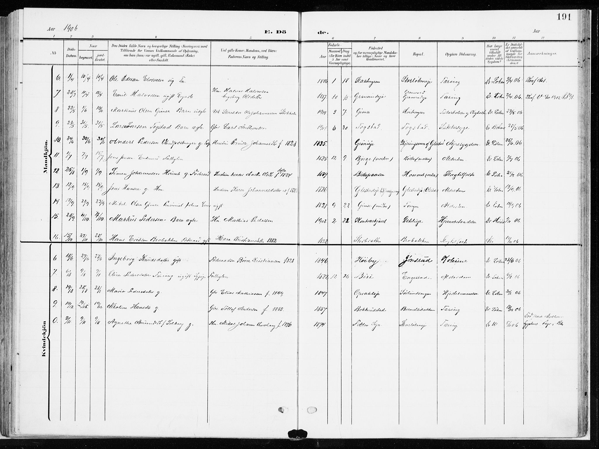 Ringsaker prestekontor, AV/SAH-PREST-014/K/Ka/L0019: Parish register (official) no. 19, 1905-1920, p. 191