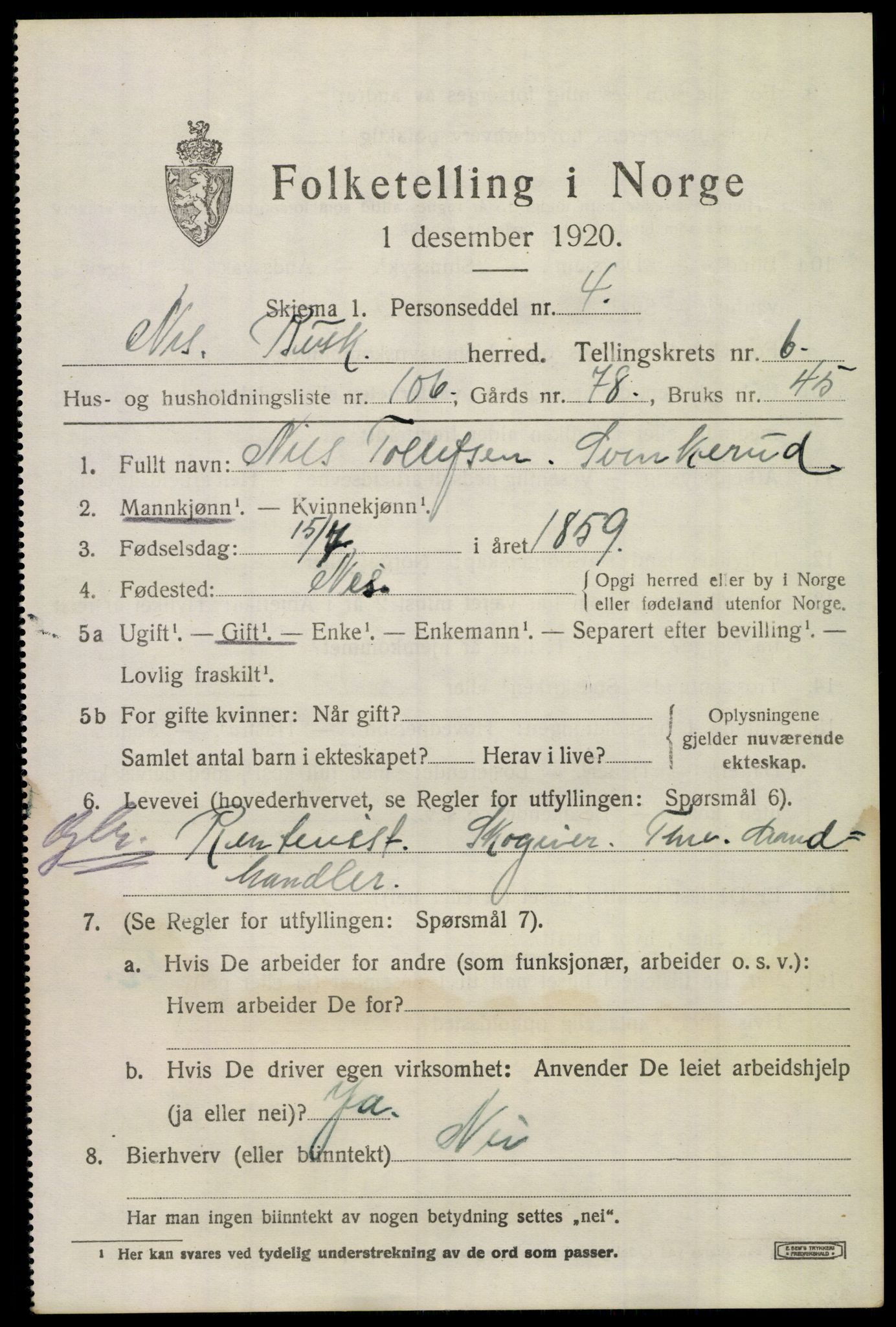 SAKO, 1920 census for Nes (Buskerud), 1920, p. 4342