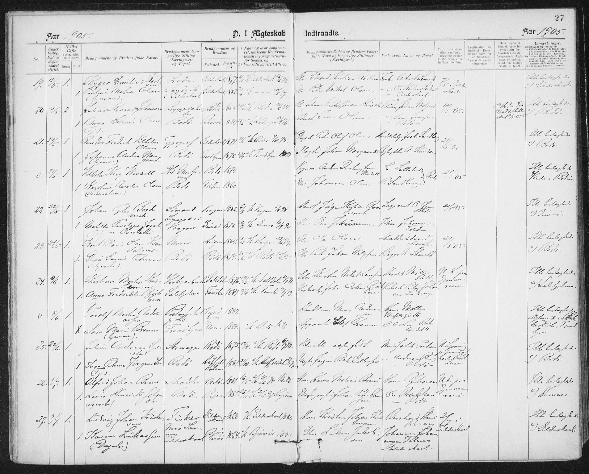 Ministerialprotokoller, klokkerbøker og fødselsregistre - Nordland, AV/SAT-A-1459/801/L0012: Parish register (official) no. 801A12, 1900-1916, p. 27