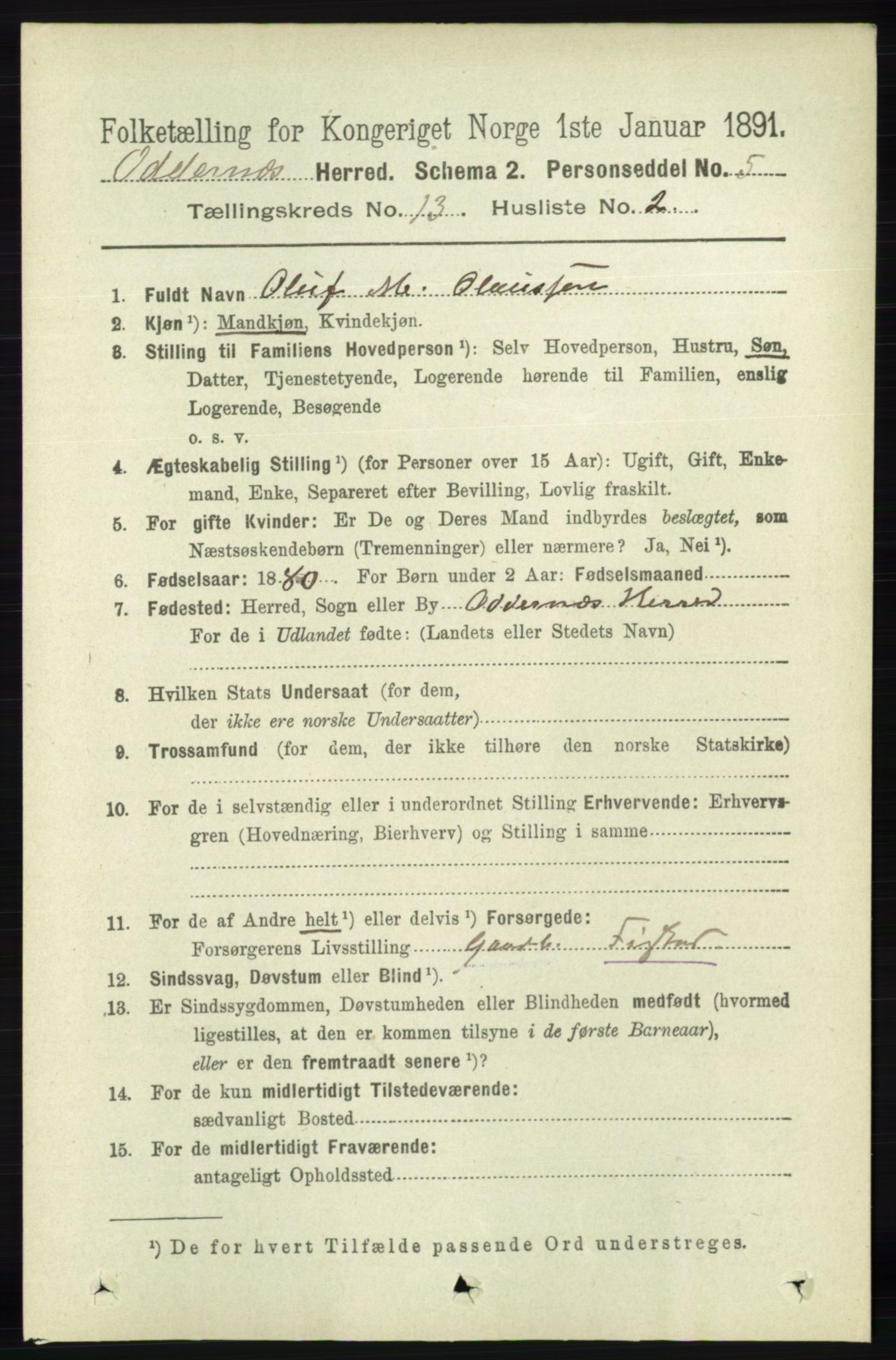 RA, 1891 census for 1012 Oddernes, 1891, p. 4649