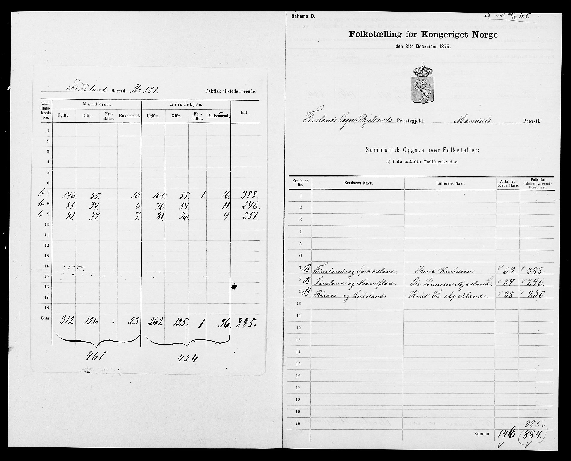 SAK, 1875 census for 1024P Bjelland, 1875, p. 732