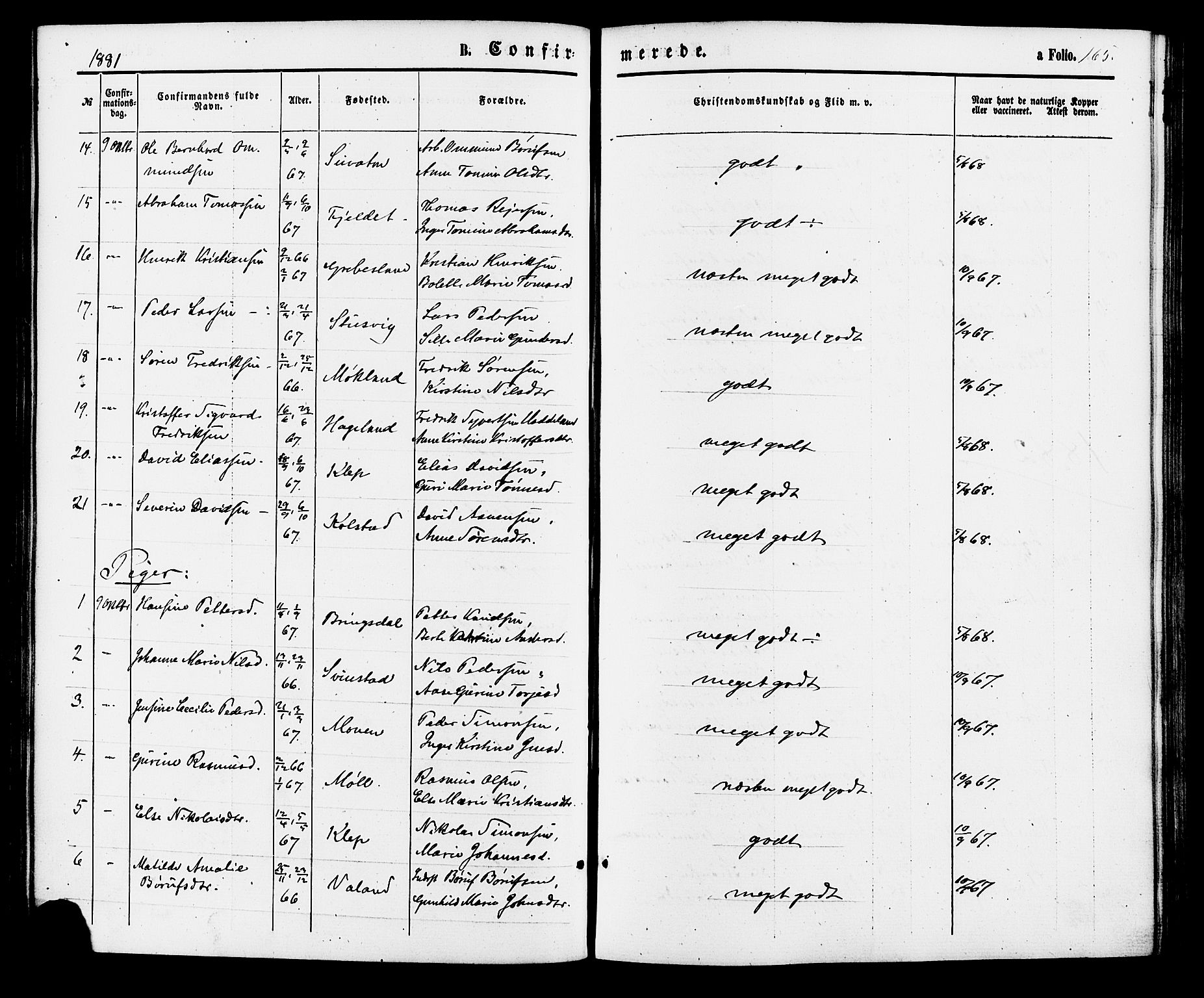 Holum sokneprestkontor, AV/SAK-1111-0022/F/Fa/Faa/L0006: Parish register (official) no. A 6, 1865-1883, p. 165