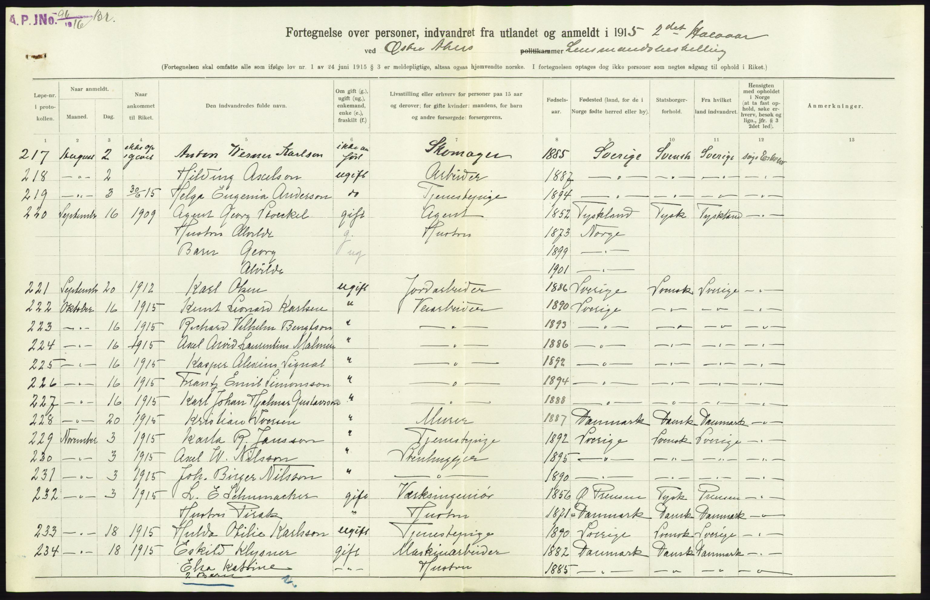 Statistisk sentralbyrå, Sosioøkonomiske emner, Folketellinger, boliger og boforhold, AV/RA-S-2231/F/Fa/L0001: Innvandring. Navn/fylkesvis, 1915, p. 239