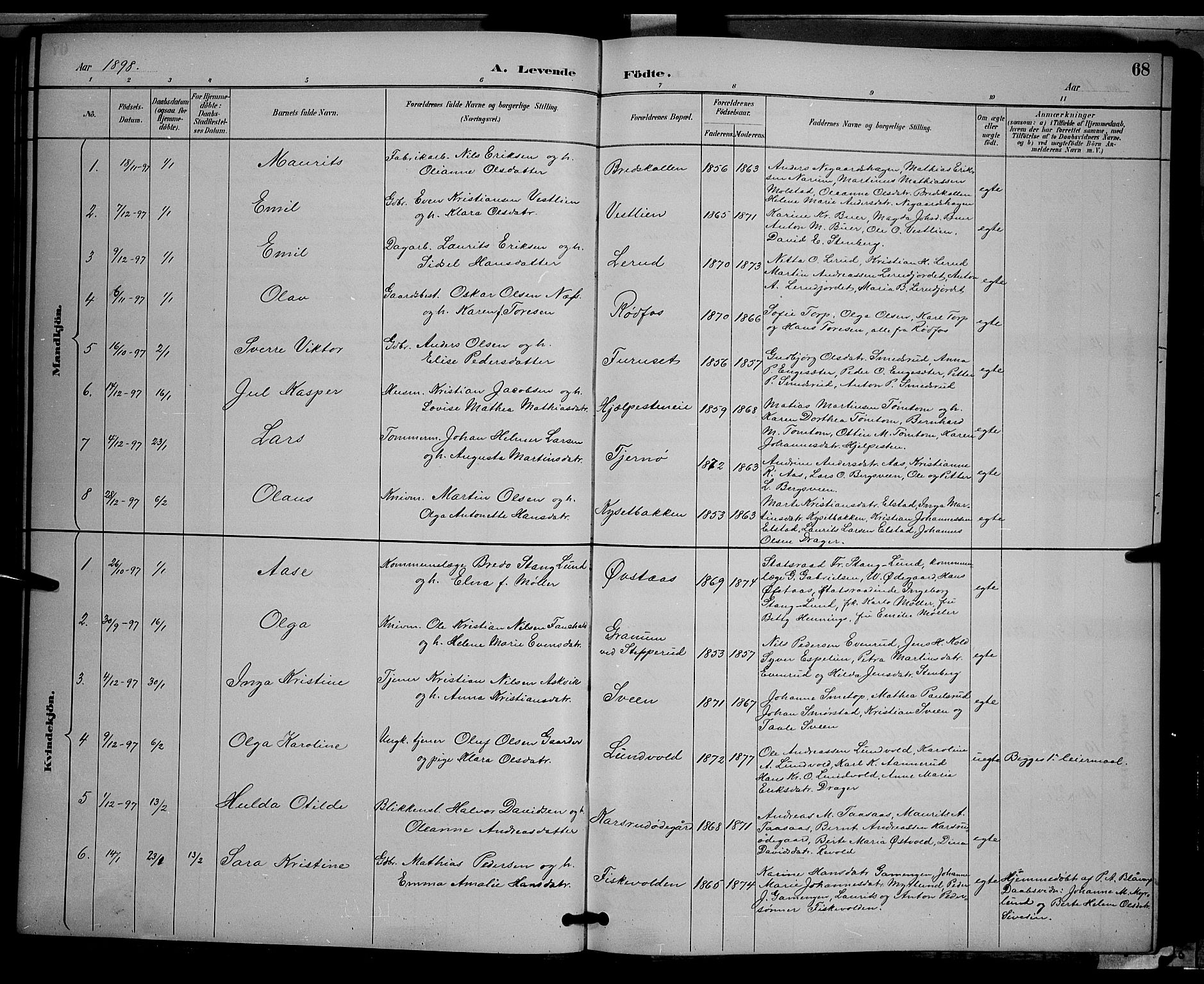 Vestre Toten prestekontor, SAH/PREST-108/H/Ha/Hab/L0009: Parish register (copy) no. 9, 1888-1900, p. 68