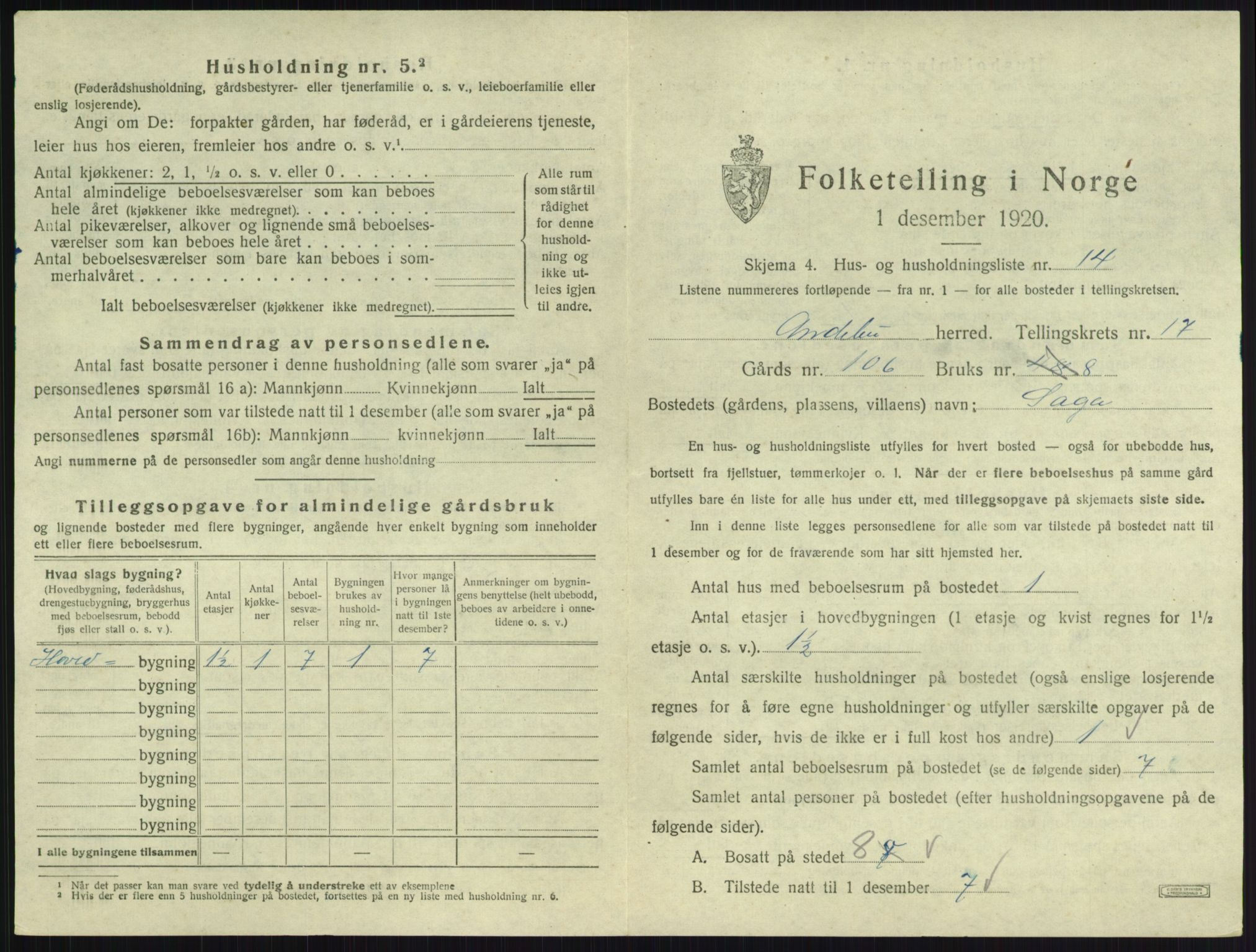 SAKO, 1920 census for Andebu, 1920, p. 943