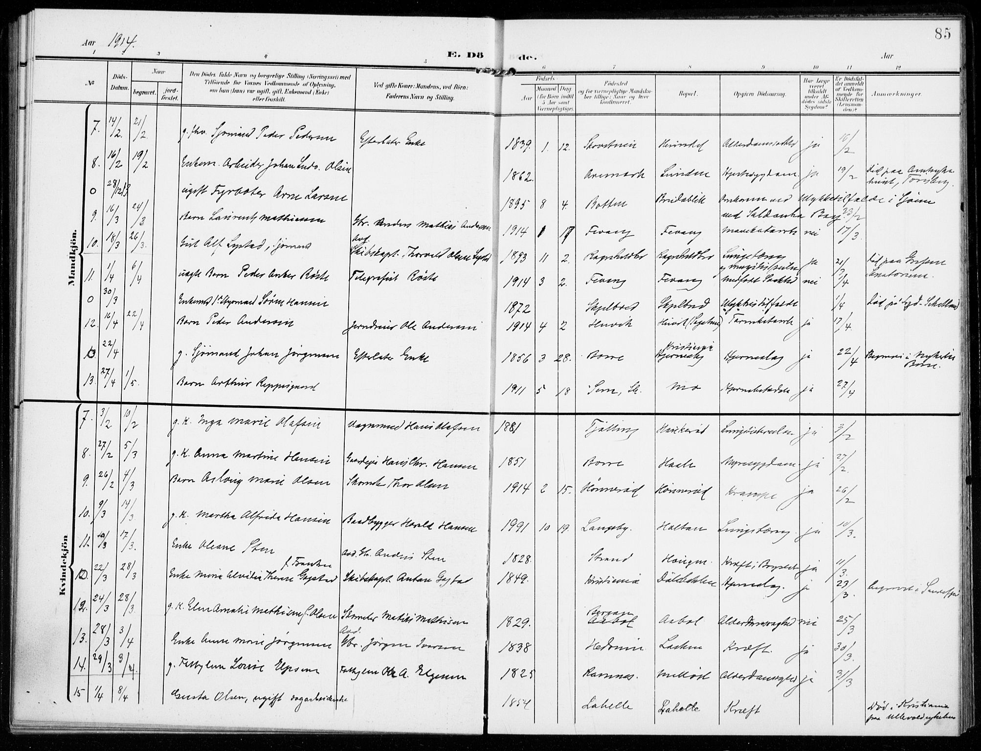 Sandar kirkebøker, SAKO/A-243/F/Fa/L0019: Parish register (official) no. 19, 1908-1914, p. 85