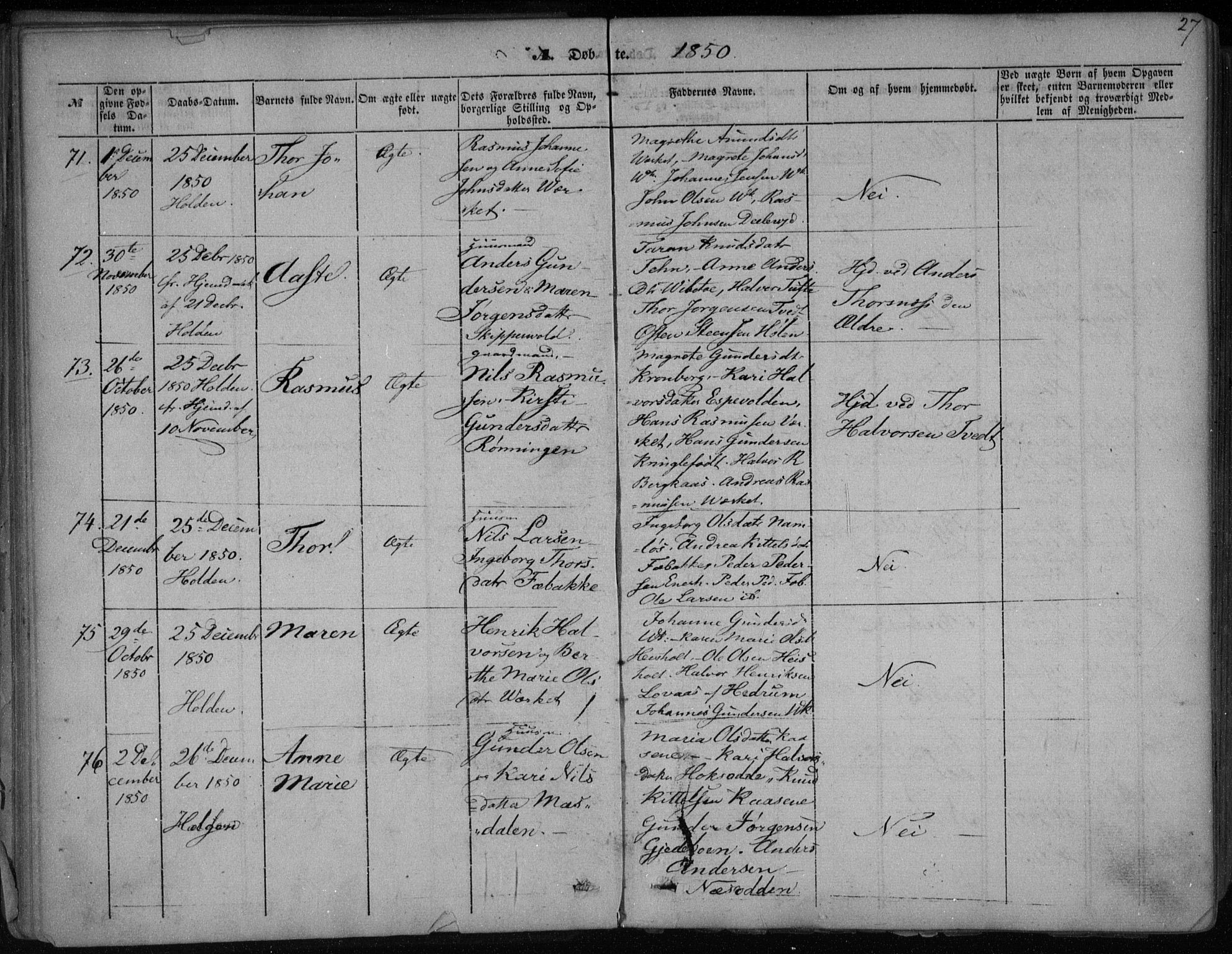 Holla kirkebøker, AV/SAKO-A-272/F/Fa/L0005: Parish register (official) no. 5, 1849-1860, p. 27