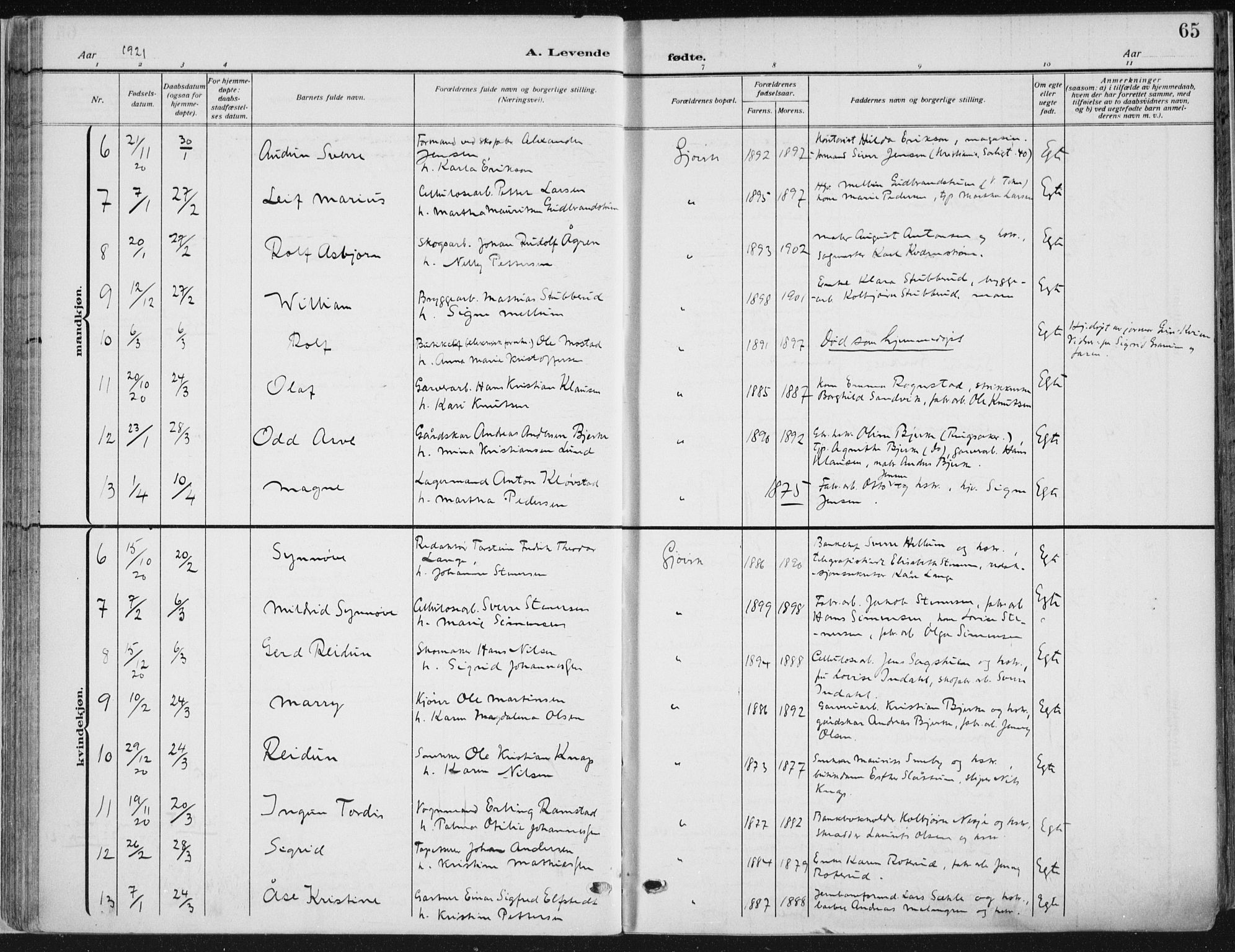 Vardal prestekontor, SAH/PREST-100/H/Ha/Haa/L0014: Parish register (official) no. 14, 1912-1922, p. 65
