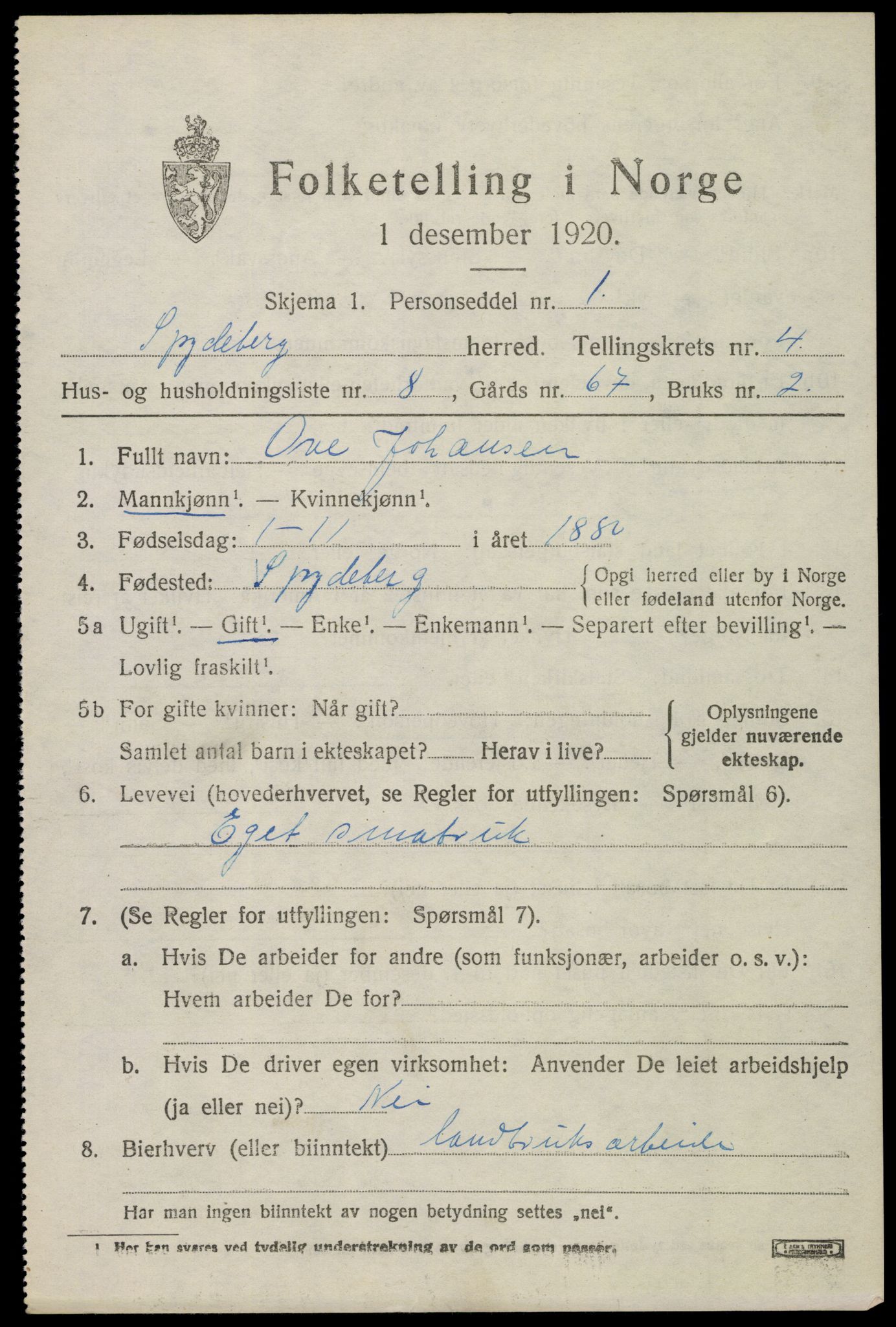 SAO, 1920 census for Spydeberg, 1920, p. 5627