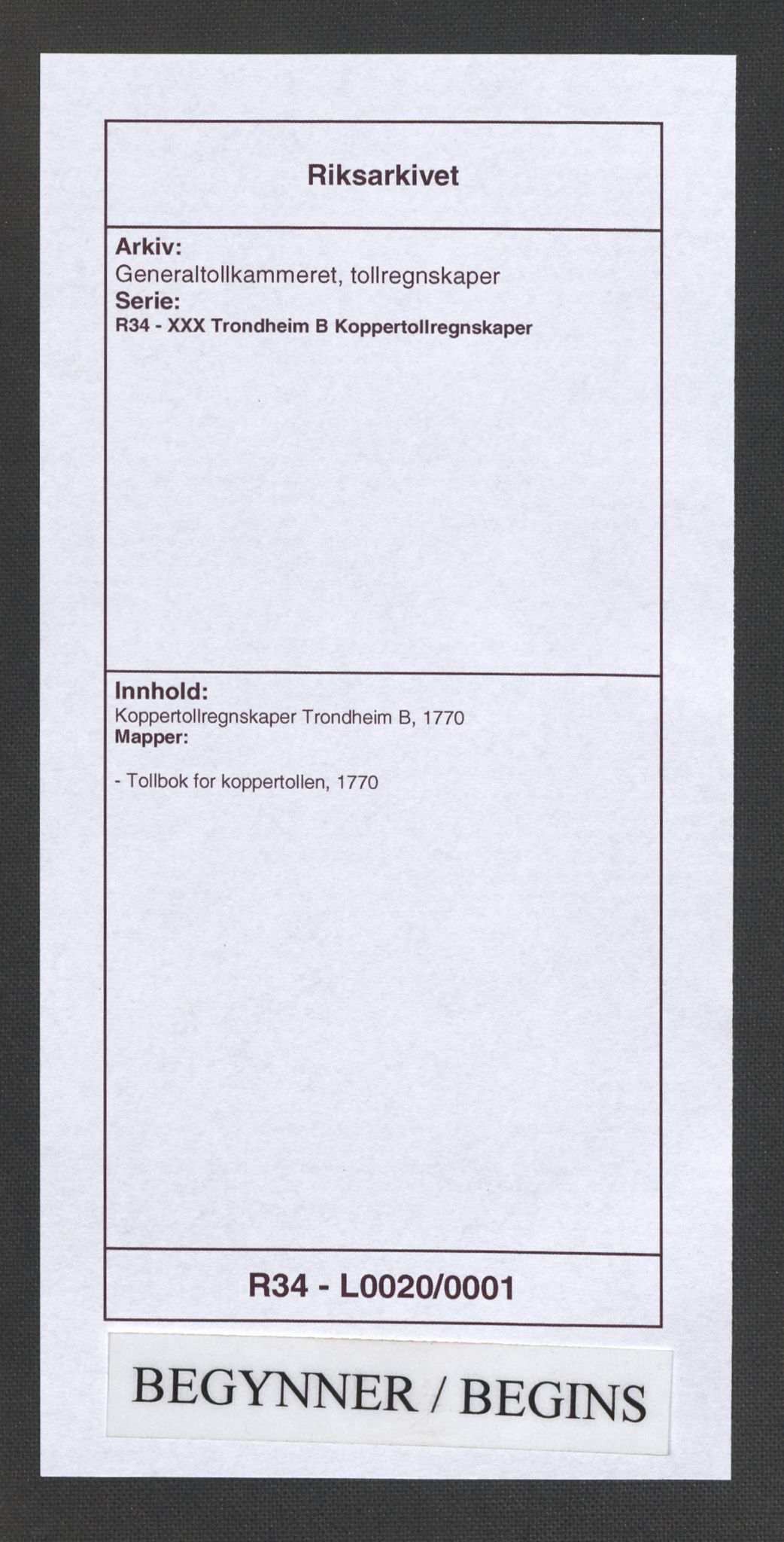 Generaltollkammeret, tollregnskaper, RA/EA-5490/R34/L0020/0001: Koppertollregnskaper Trondheim B / Tollbok for koppertollen, 1770
