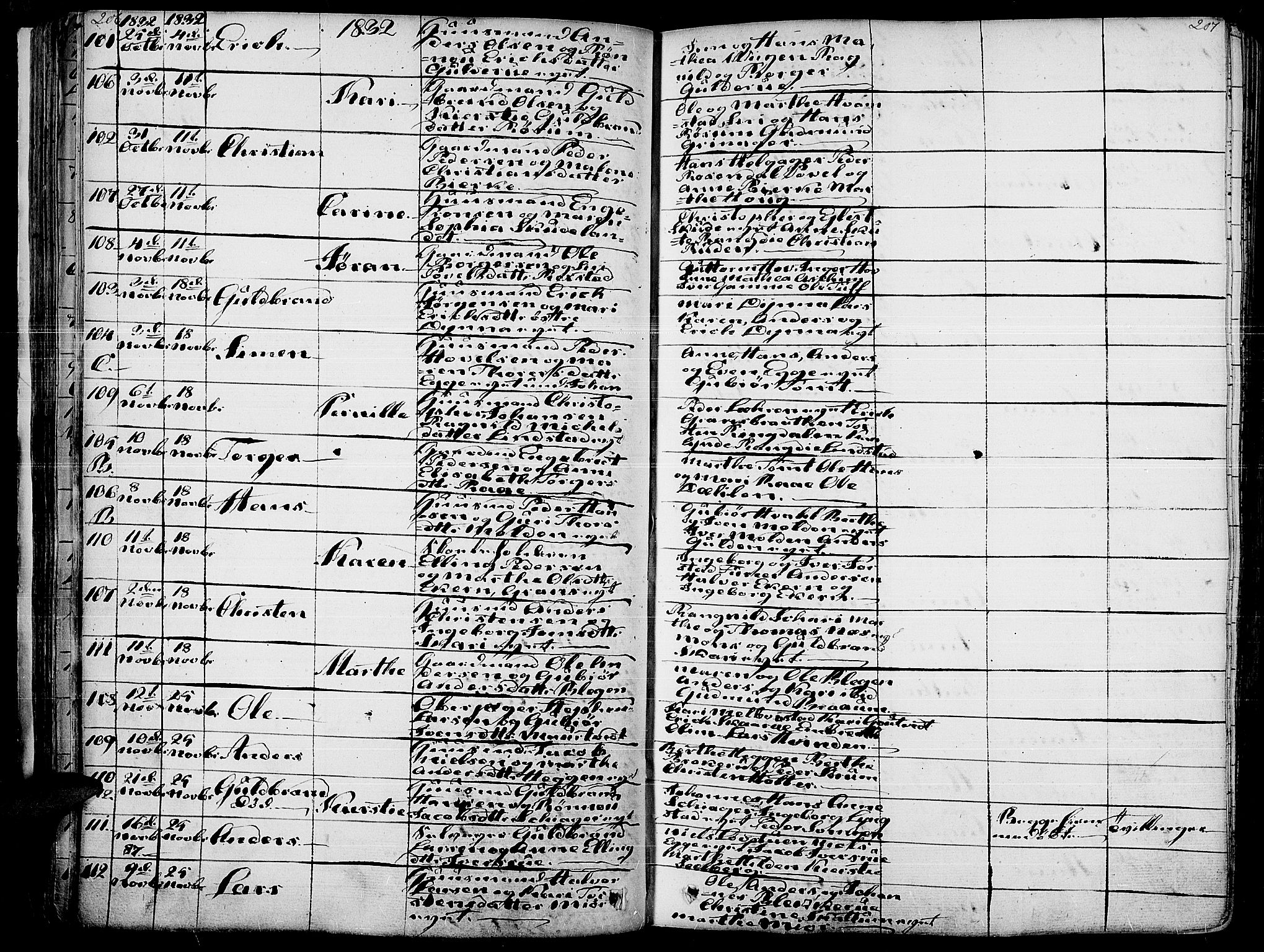 Gran prestekontor, SAH/PREST-112/H/Ha/Haa/L0010: Parish register (official) no. 10, 1824-1842, p. 206-207