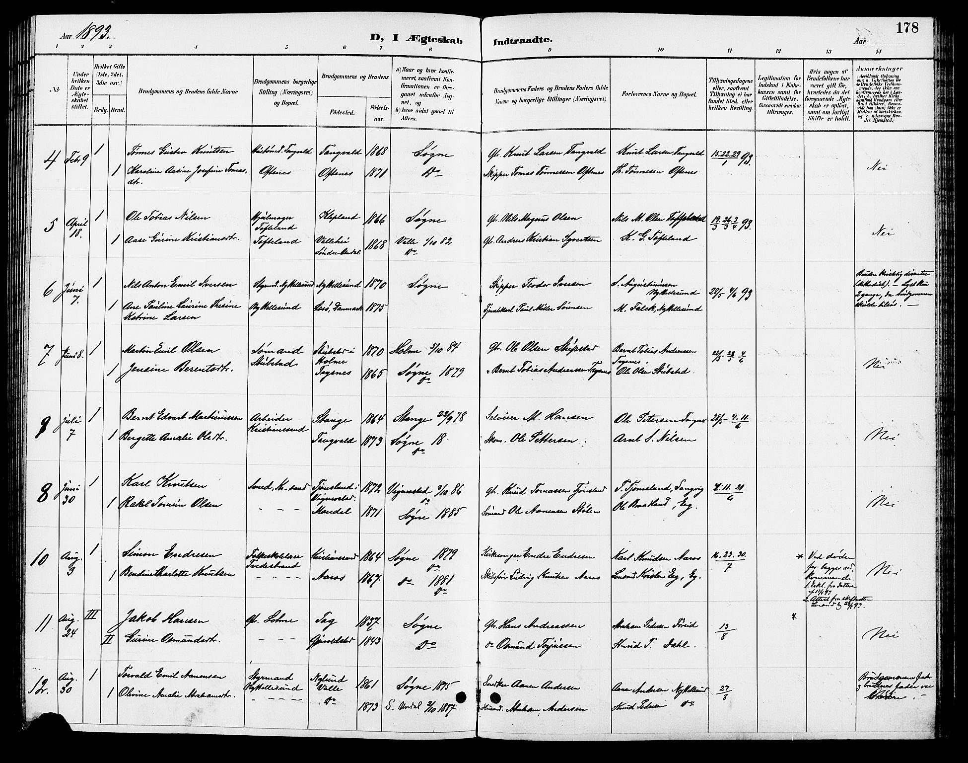 Søgne sokneprestkontor, AV/SAK-1111-0037/F/Fb/Fbb/L0006: Parish register (copy) no. B 6, 1892-1911, p. 178