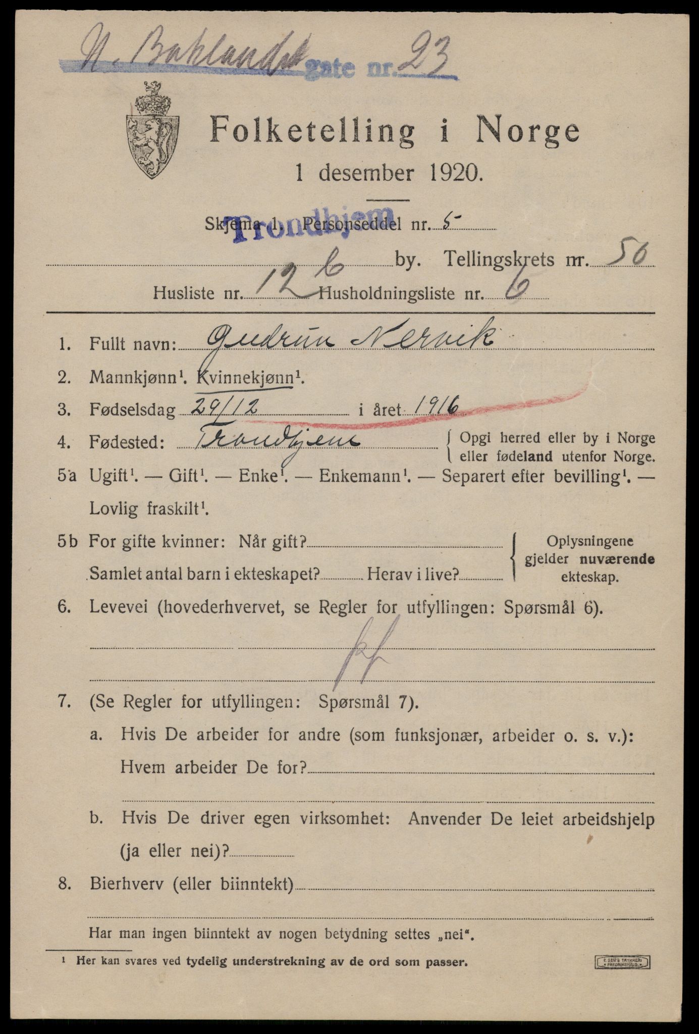 SAT, 1920 census for Trondheim, 1920, p. 104050