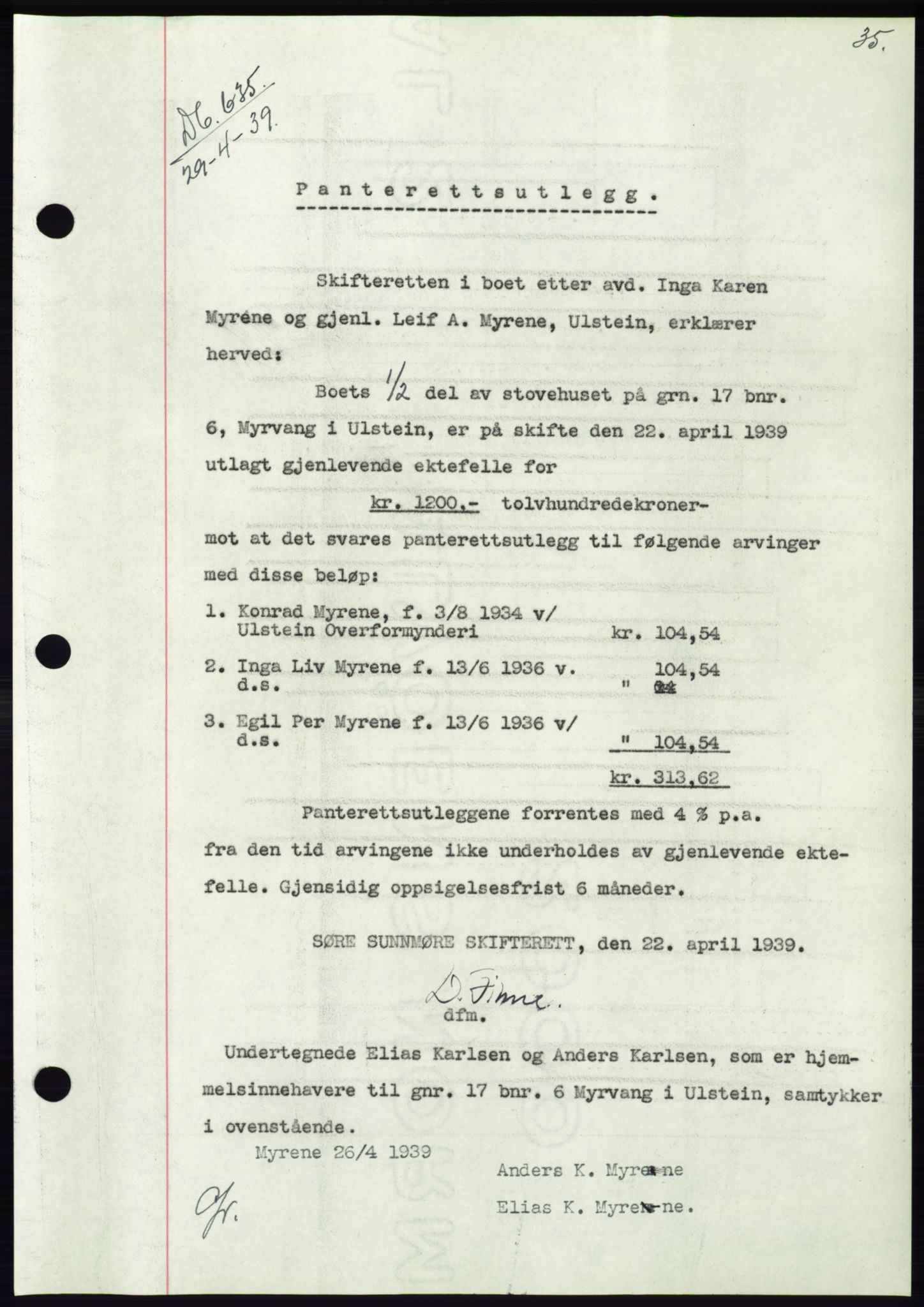 Søre Sunnmøre sorenskriveri, AV/SAT-A-4122/1/2/2C/L0068: Mortgage book no. 62, 1939-1939, Diary no: : 635/1939