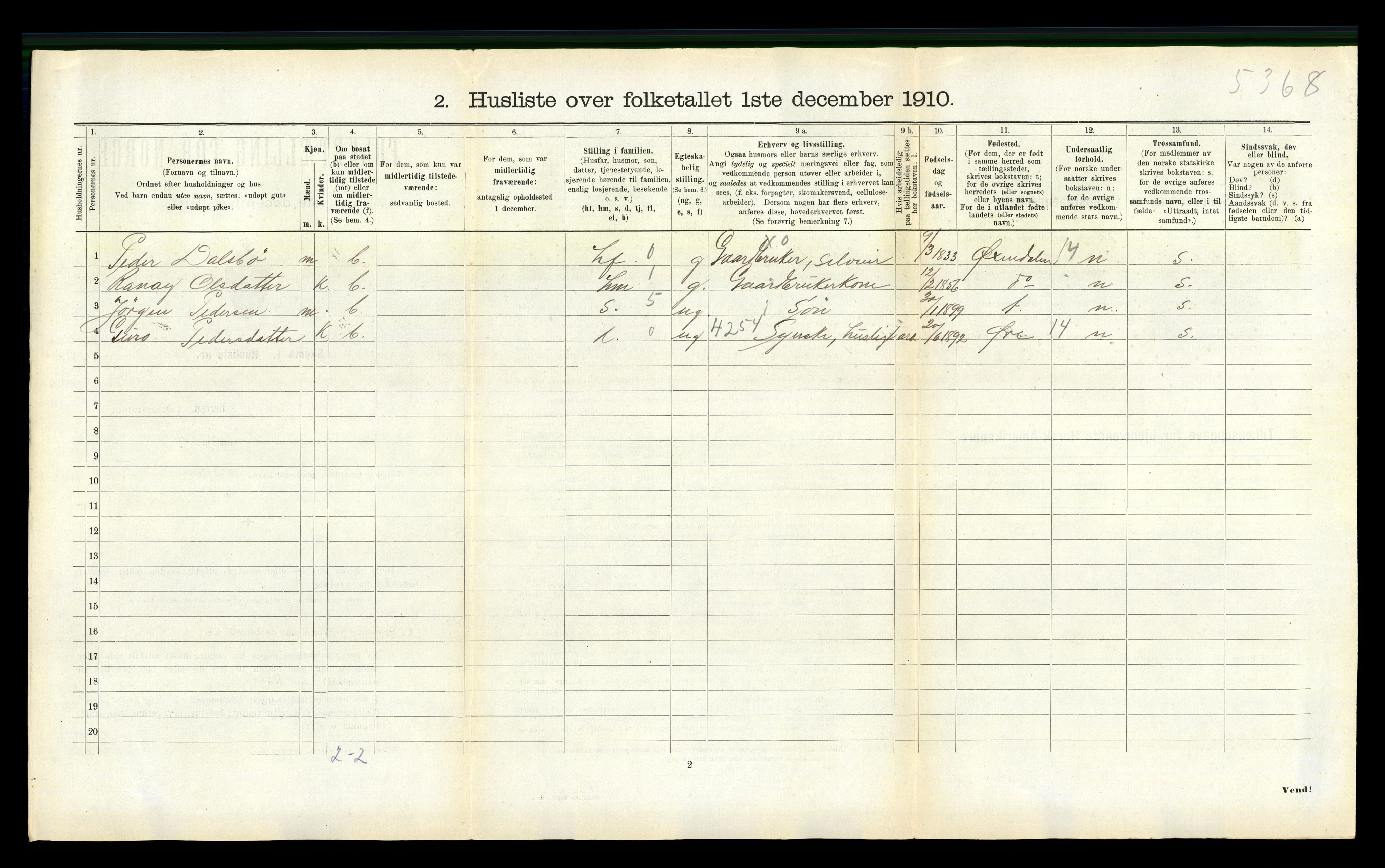 RA, 1910 census for Nesset, 1910, p. 306