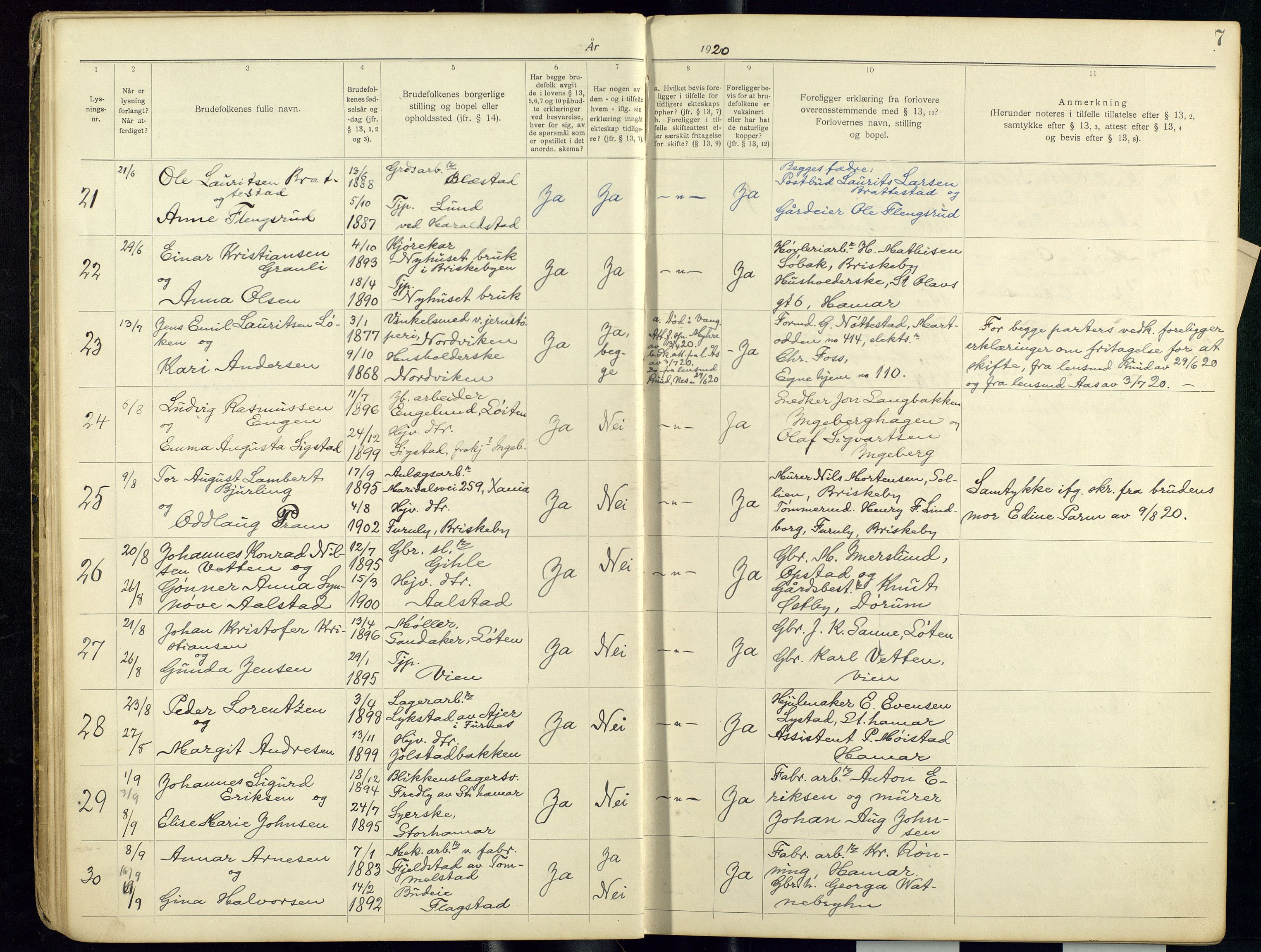 Vang prestekontor, Hedmark, AV/SAH-PREST-008/I/Ie/L0001/0001: Banns register no. 1, 1919-1938, p. 7