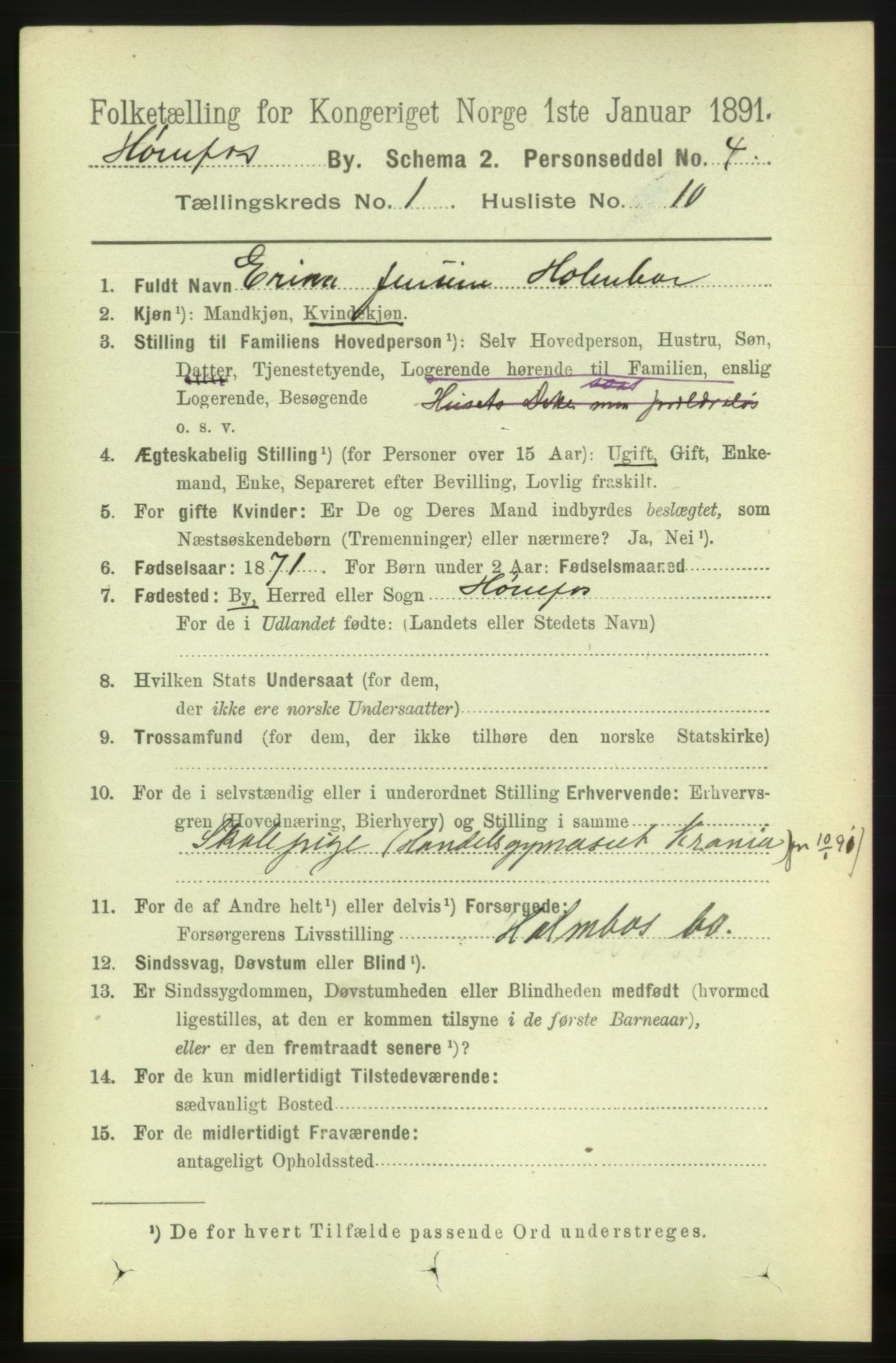 RA, 1891 census for 0601 Hønefoss, 1891, p. 504