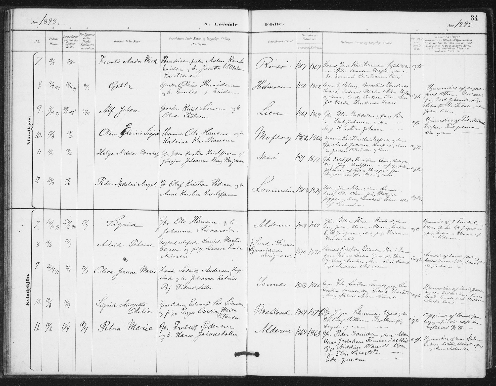 Ministerialprotokoller, klokkerbøker og fødselsregistre - Nordland, AV/SAT-A-1459/839/L0573: Parish register (copy) no. 839C03, 1892-1917, p. 34