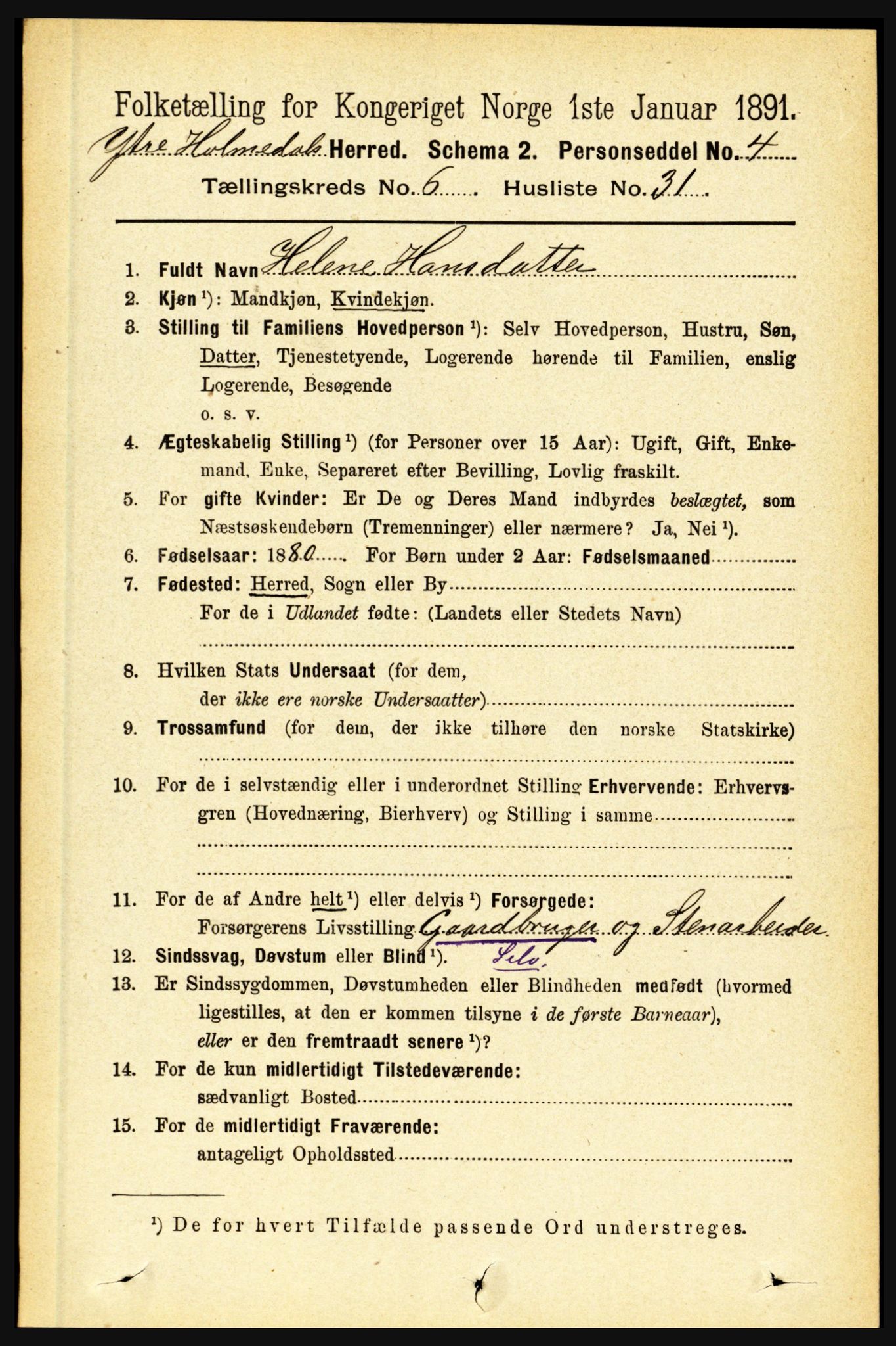 RA, 1891 census for 1429 Ytre Holmedal, 1891, p. 1491