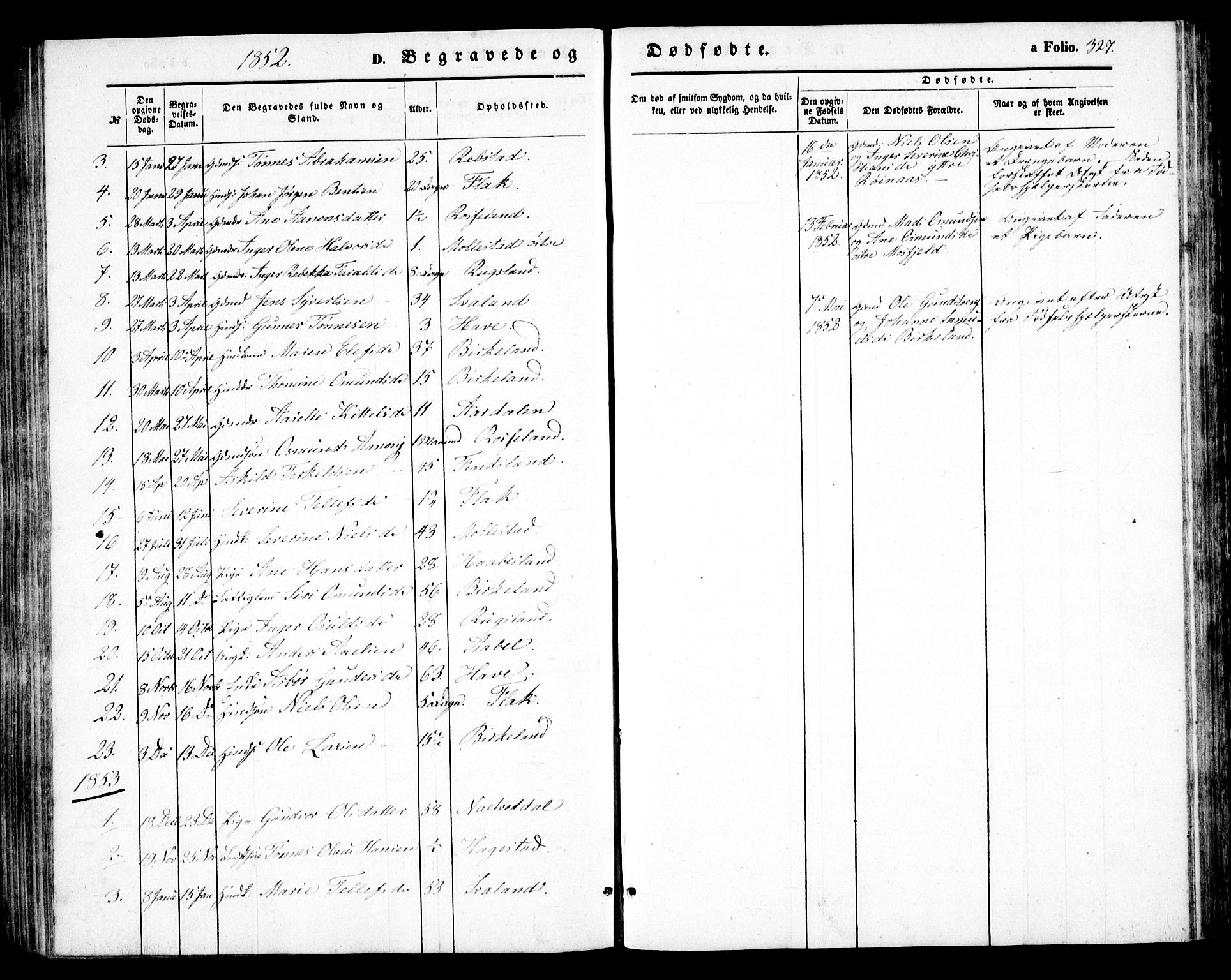 Birkenes sokneprestkontor, SAK/1111-0004/F/Fb/L0002: Parish register (copy) no. B 2, 1849-1876, p. 327