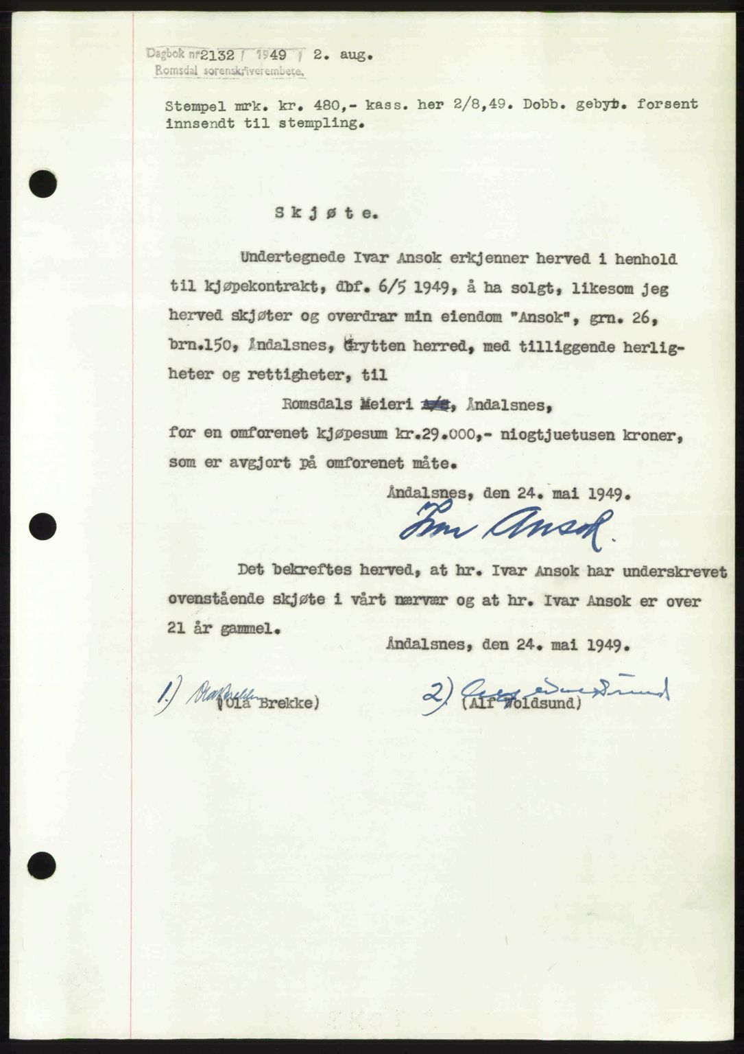 Romsdal sorenskriveri, AV/SAT-A-4149/1/2/2C: Mortgage book no. A30, 1949-1949, Diary no: : 2132/1949