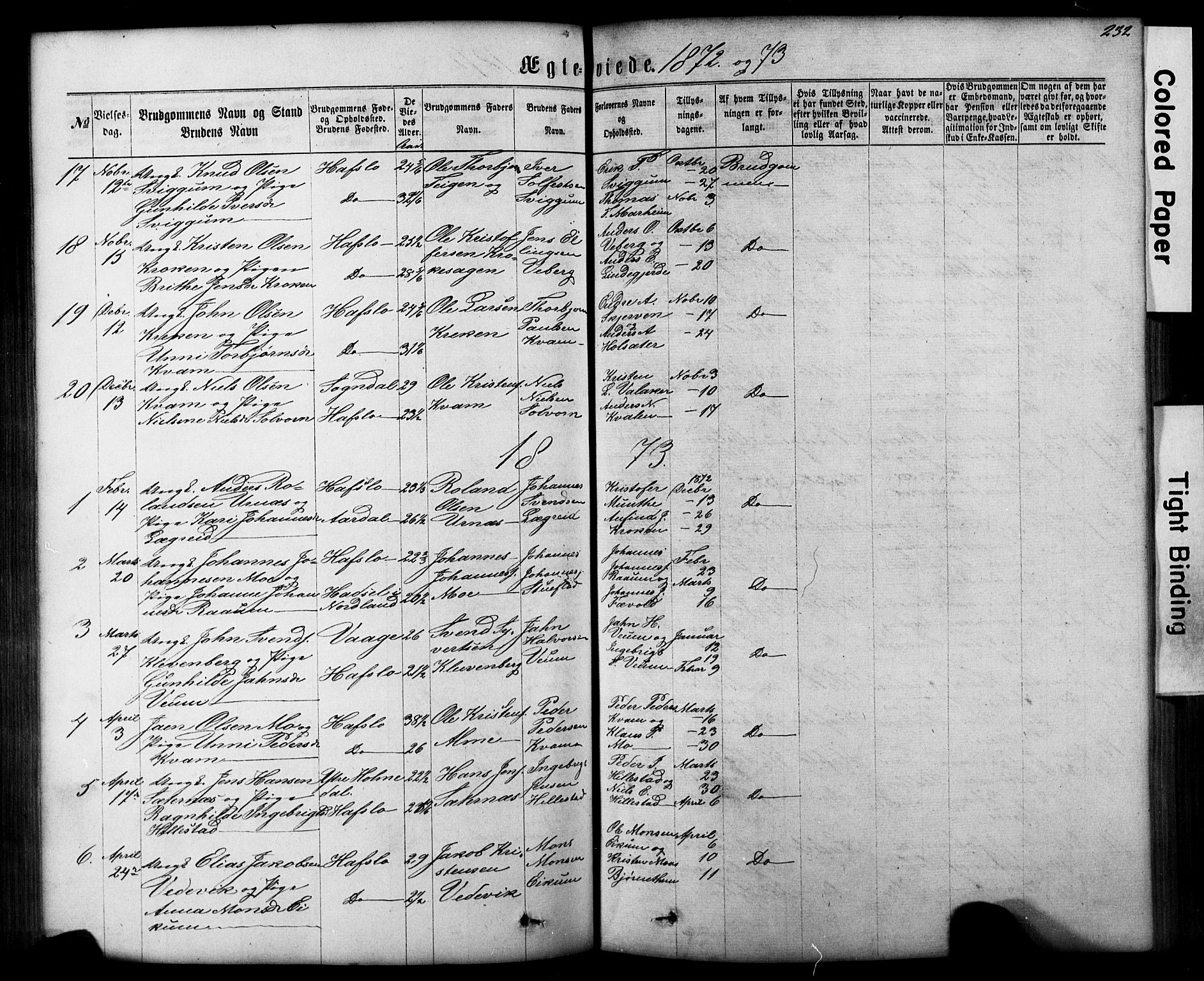 Hafslo sokneprestembete, SAB/A-80301/H/Hab/Haba/L0001: Parish register (copy) no. A 1, 1866-1908, p. 232