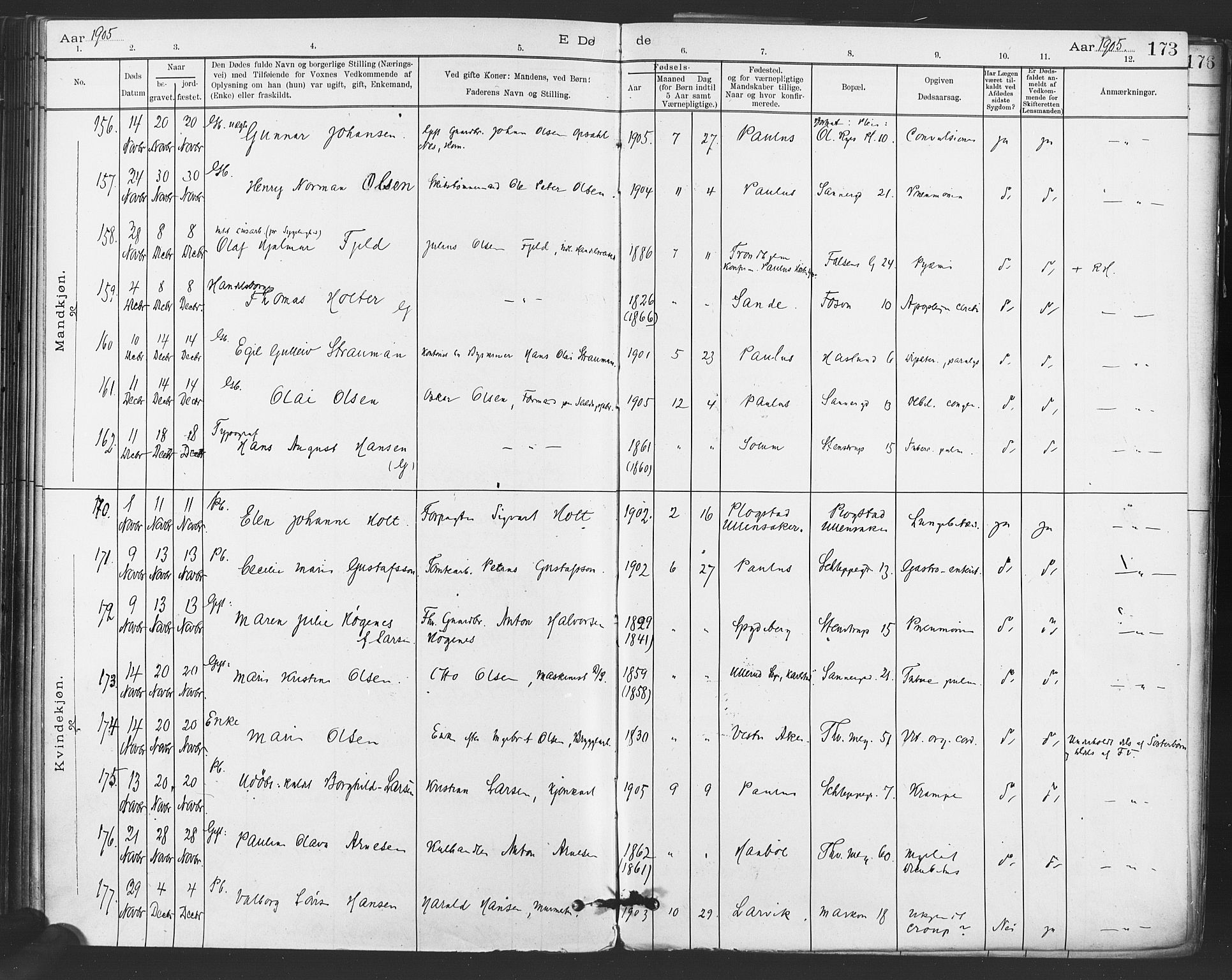 Paulus prestekontor Kirkebøker, AV/SAO-A-10871/F/Fa/L0012: Parish register (official) no. 12, 1897-1908, p. 173