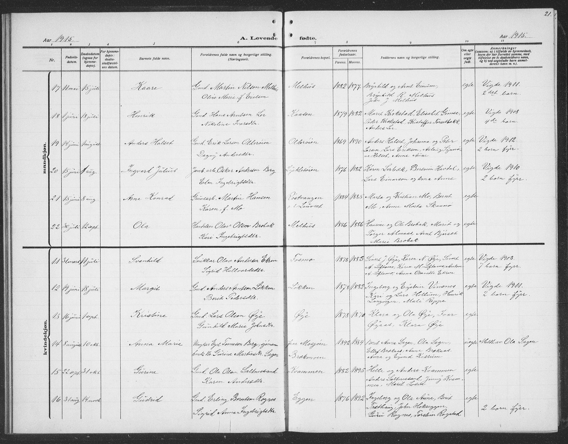 Ministerialprotokoller, klokkerbøker og fødselsregistre - Sør-Trøndelag, AV/SAT-A-1456/691/L1095: Parish register (copy) no. 691C06, 1912-1933, p. 21