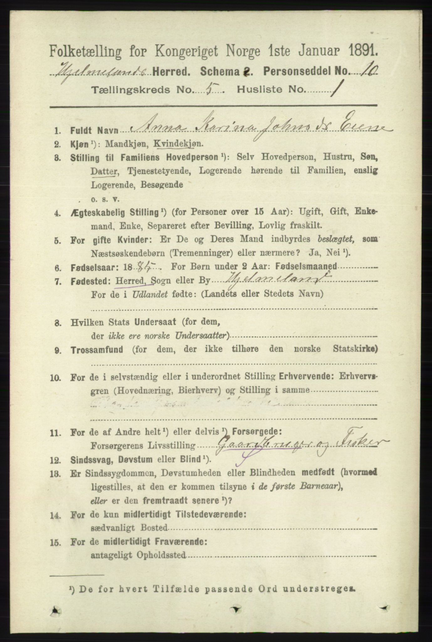 RA, 1891 census for 1133 Hjelmeland, 1891, p. 1160