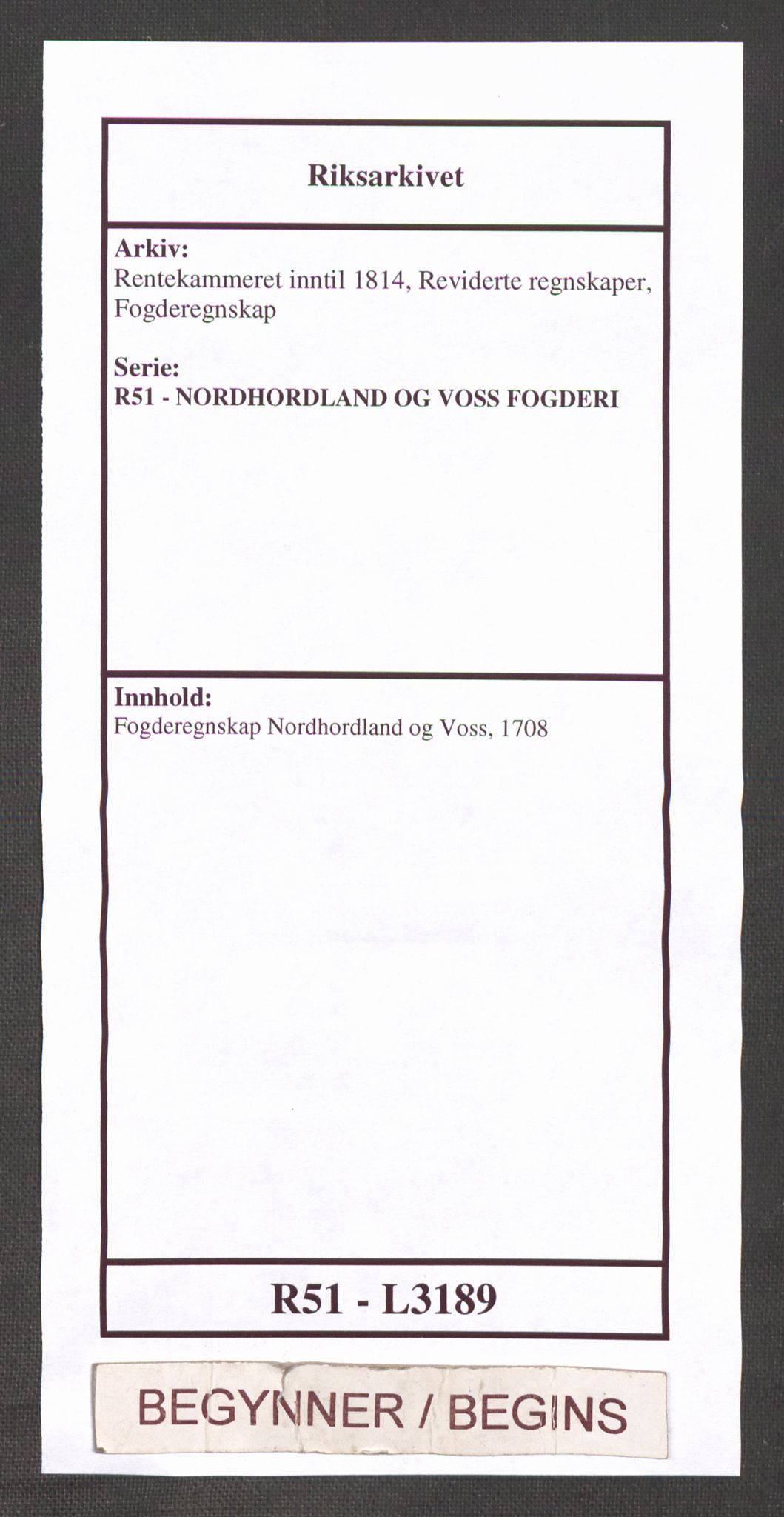 Rentekammeret inntil 1814, Reviderte regnskaper, Fogderegnskap, AV/RA-EA-4092/R51/L3189: Fogderegnskap Nordhordland og Voss, 1708, p. 1