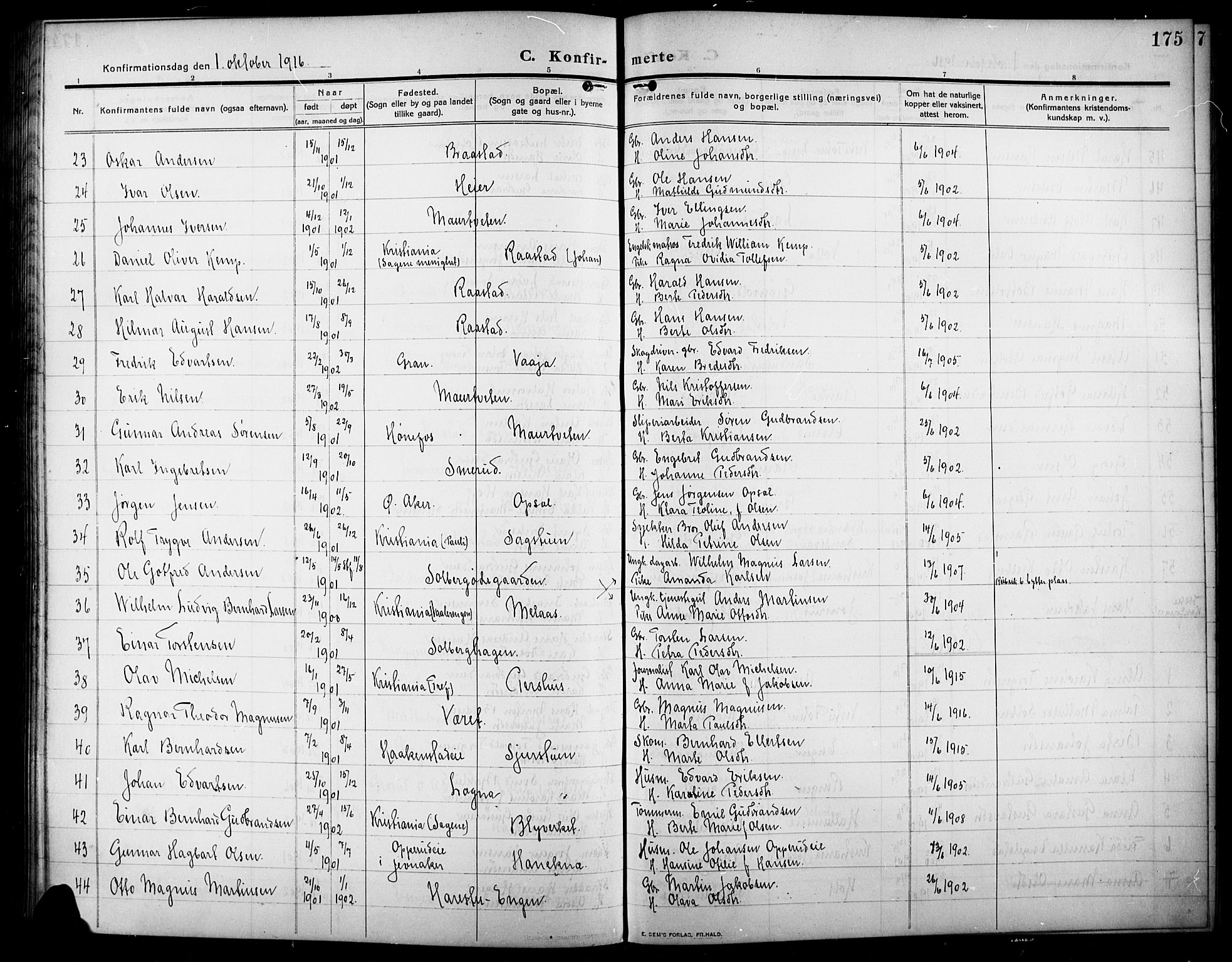 Lunner prestekontor, AV/SAH-PREST-118/H/Ha/Hab/L0001: Parish register (copy) no. 1, 1909-1922, p. 175